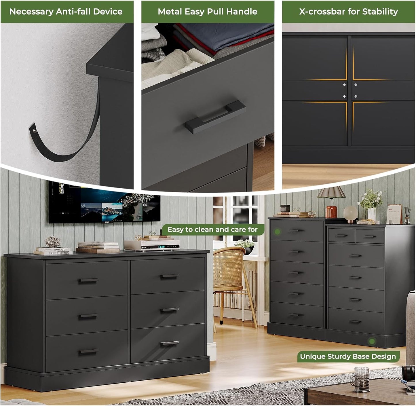 Hasuit Black 6 Drawer Double Dresser for Bedroom, Wood Storage Tower Clothes Organizer, Wide Chest of 6 Drawers, Large Storage Cabinet, Dresser with Sturdy Base for Bedroom, Hallway, Entryway