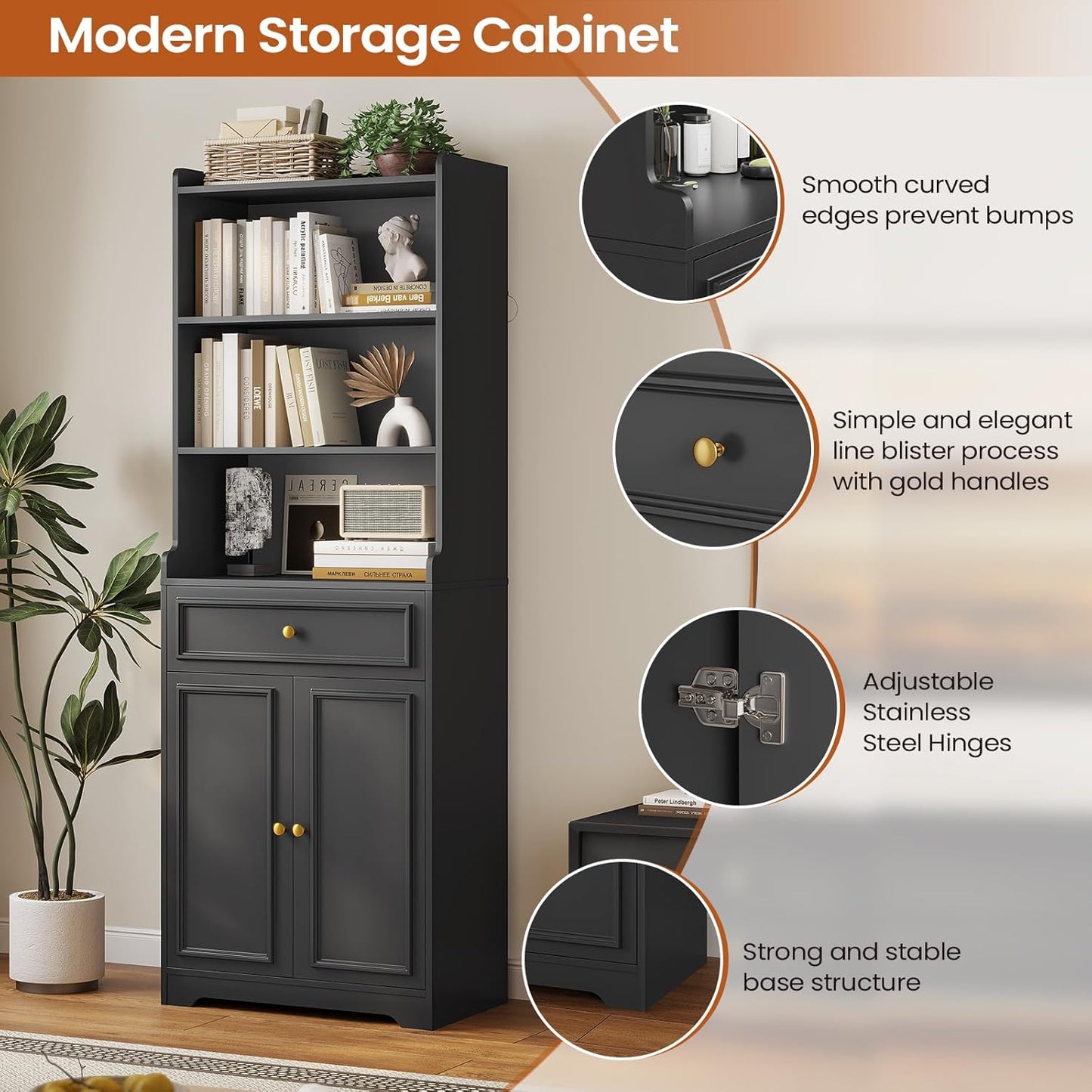 DICTAC Bookcase with Drawers and Doors 73.23'' Tall Bookshelf with Open Shelves Black Freestanding Kitchen Pantry with Microwave Stand Storage Cabinet Organizer for Living Room,Study,Bathroom,Office