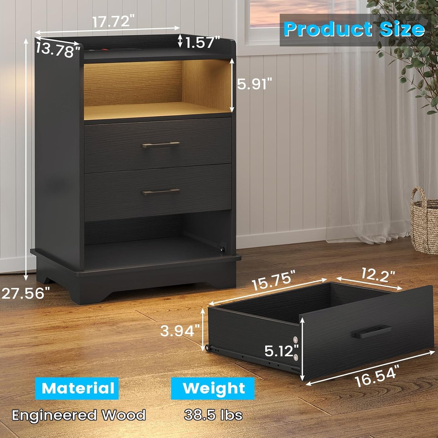 Hasuit Nightstand with Charging Station and LED Lights, Modern End Table with 3 Drawers and Open Storage, Large Bedside Table with Sturdy Base, Black Night Stand for Bedroom