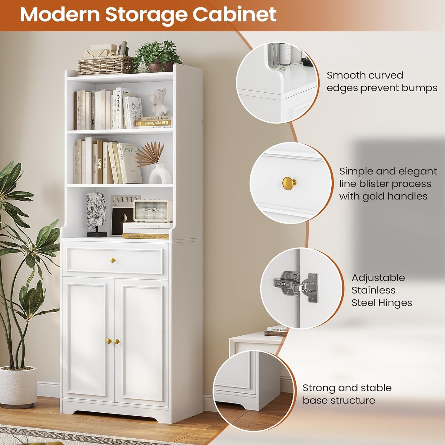 DICTAC Bookcase Set of 2 with Drawer and Doors 73.23''Tall Bookshelf with Open Shelves Freestanding Storage Cabinet with Microwave Space Storage Organizer for Home Office,Living Room,Bathroom,White