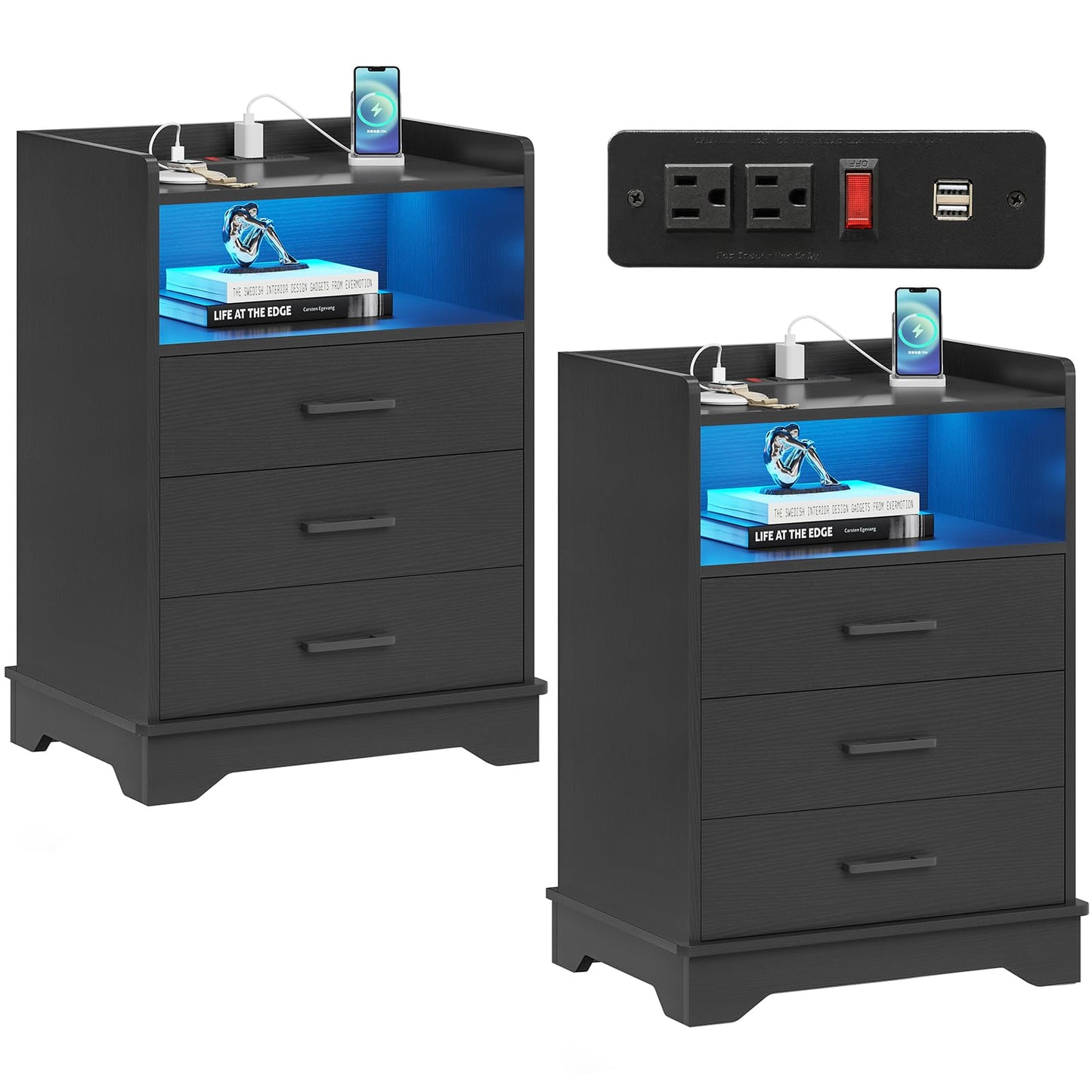 Hasuit Nightstand with Charging Station and LED Lights, Modern End Table with 3 Drawers and Open Storage, Large Bedside Table with Sturdy Base, Black Night Stand for Bedroom