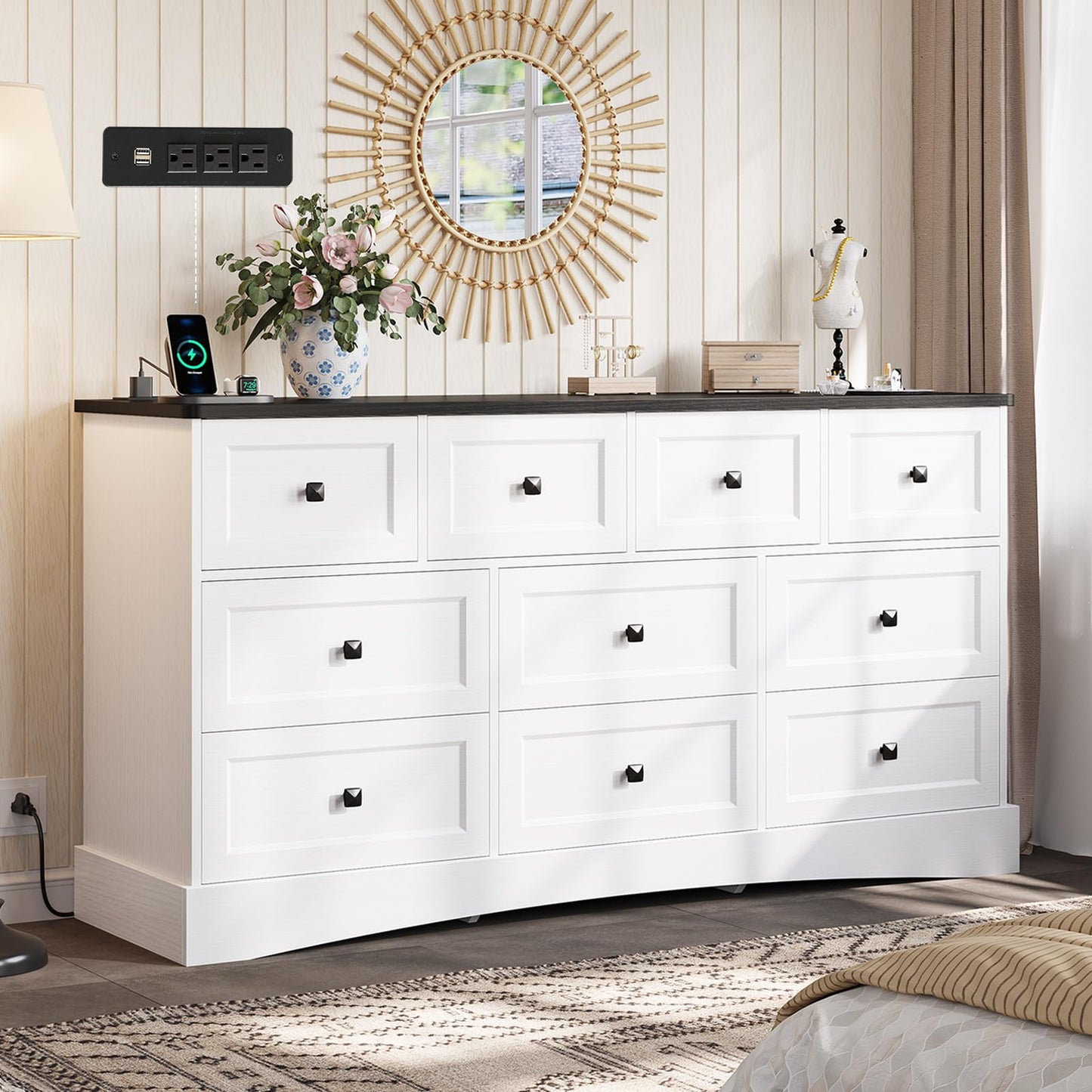Hasuit White Dresser for Bedroom with 9 Drawers, 51.2" Large Drawer Dressers with Charging Station, Wide Farmhouse Dressers Chest of Drawers, Wooden Storage Tower Organizer, Dresser for Bedroom Closet