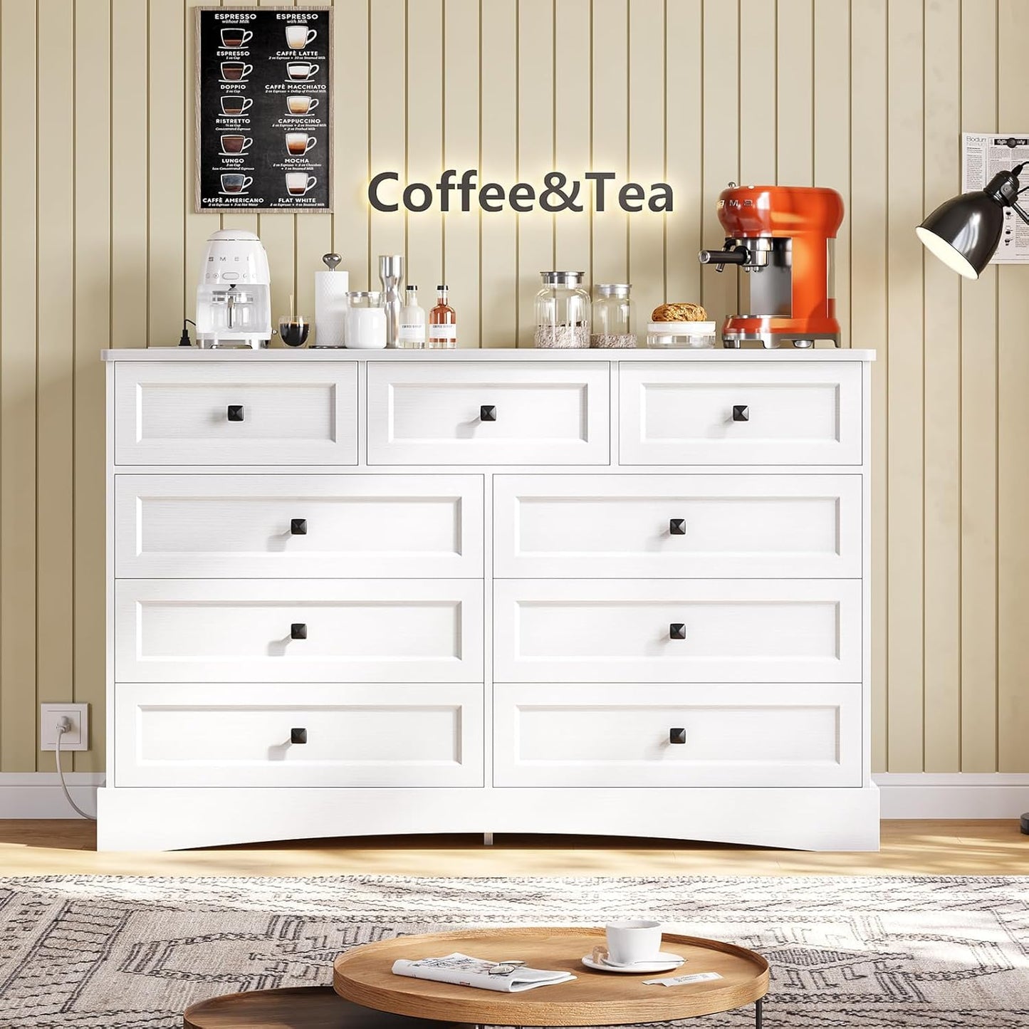 Hasuit White Dresser for Bedroom with 9 Drawers, 51.2" Large Drawer Dressers with Charging Station, Wide Farmhouse Dressers Chest of Drawers, Wooden Storage Tower Organizer, Dresser for Bedroom Closet