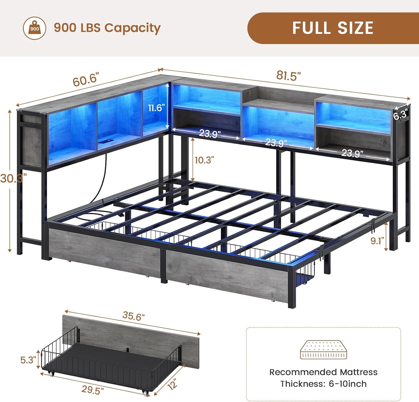Hasuit Full Corner Bed Frame with Storage Bookcase, Full Size Daybed with 2 Underneath Storage Drawers, Kids Bed Unit with Charging Station and LED Light, Modern Teenagers Bedframe, Black&Gray