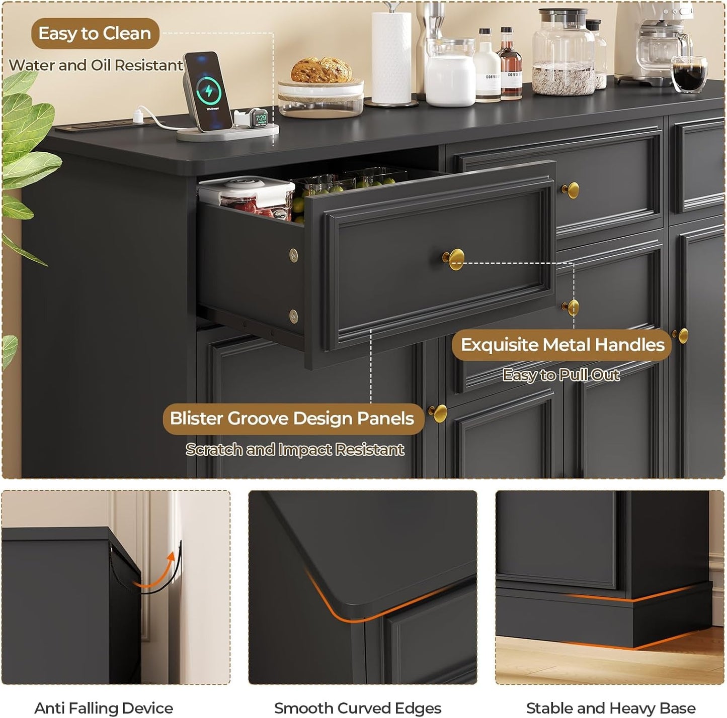 Hasuit 55.1"W Black Kitchen Sideboard Buffet Cabinet with Power Outlets and Storage Drawers
