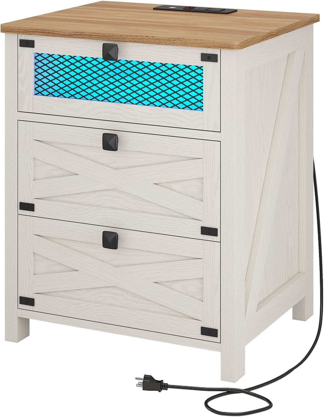 Hasuit Farmhouse Night Stand for Bedroom, Rustic Vintage White Nightstand with Charging Station and LED Lights, Bedside Table with 3 Drawers, Retro Side End Table with Storage