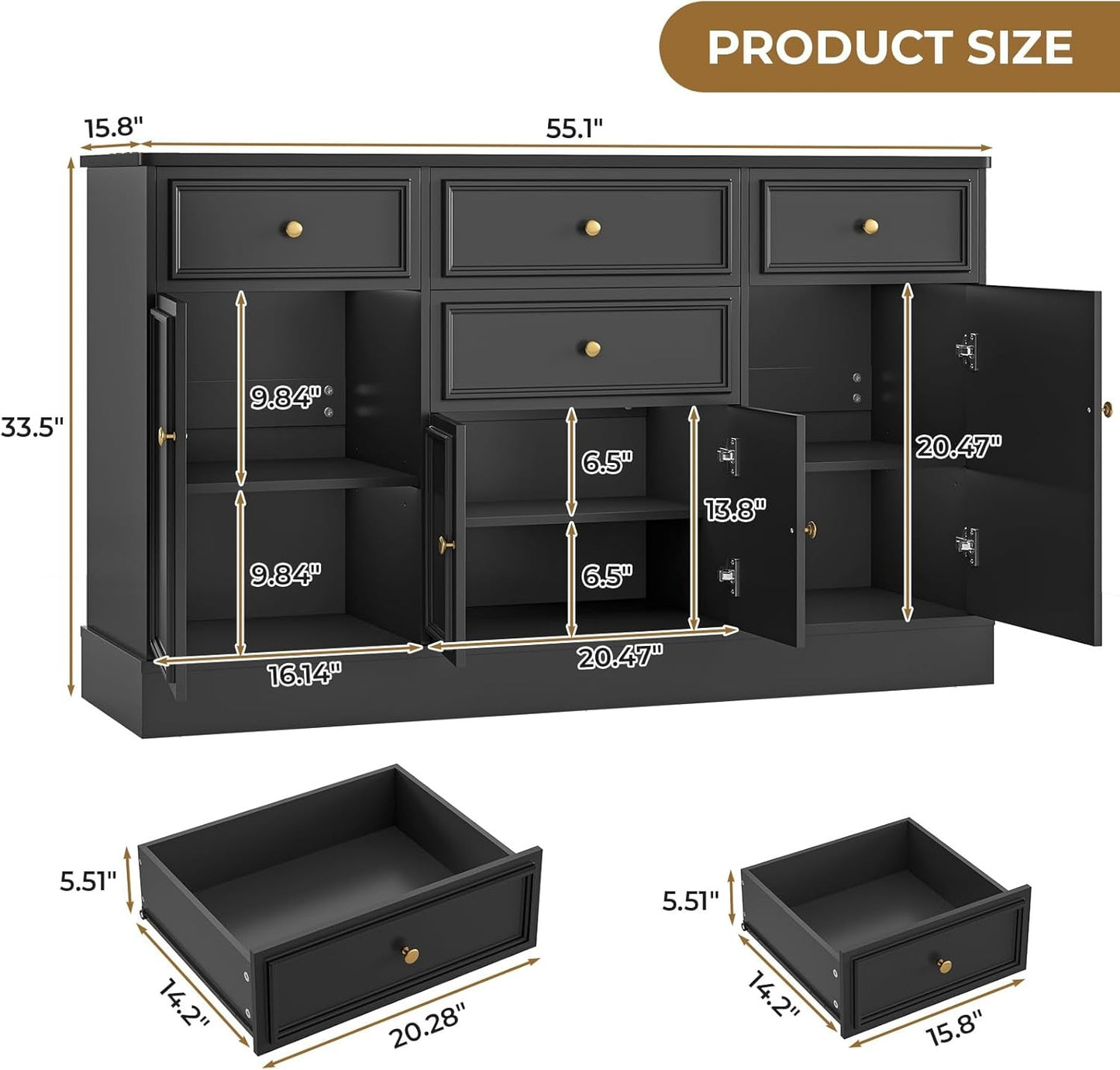 Hasuit 55.1"W Black Kitchen Sideboard Buffet Cabinet with Power Outlets and Storage Drawers