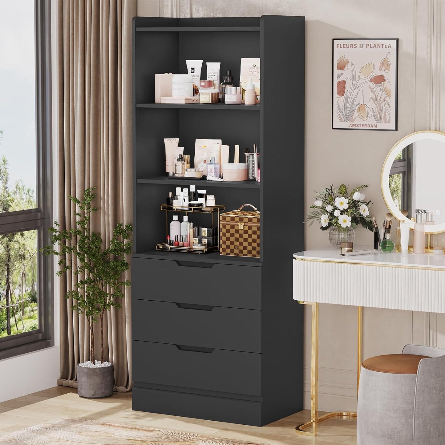 DICTAC Bookcase with 3 Drawers and Shelves 73.23'' Tall Bookshelf with Storage Modern Display Storage Shelves Freestanding Storage Organizer for Home Office,Kitchen,Living Room,Study,Bathroom,Black