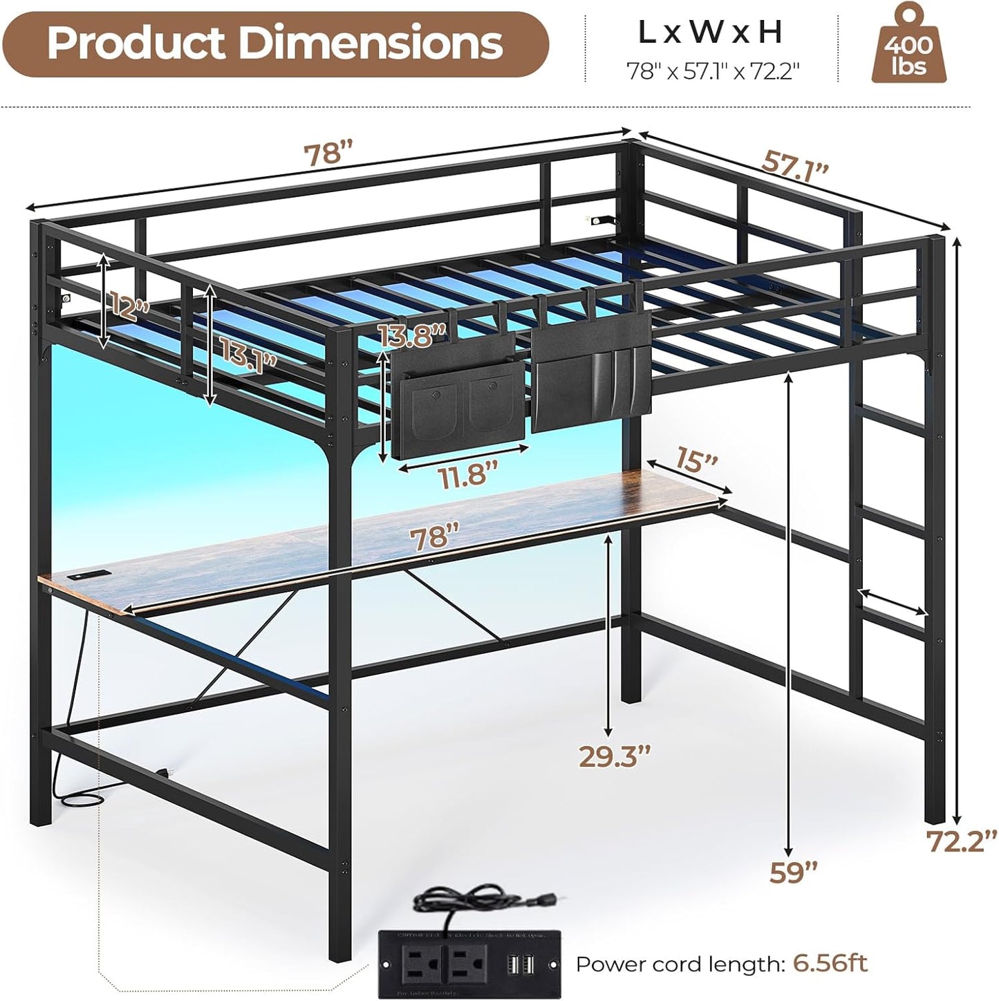 Hasuit Full Size Metal Loft Bed with Desk, LED Lights & Charging Station - Sturdy Space-Saving Bed Frame, Loft Bed Full Size Includes Safety Guard Rail & Ladder, No Box Spring Needed, Durable, Black