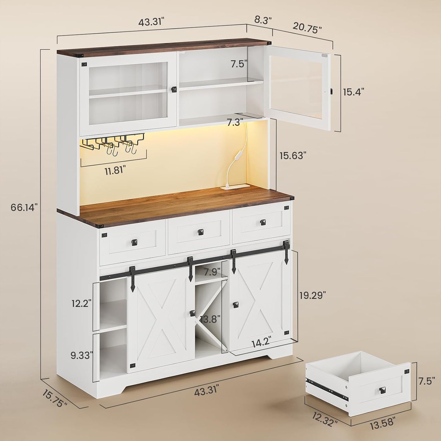 DICTAC Buffet Cabinet with Storage and Charging Station Coffee Bar Station with LED Light Farmhouse Kitchen Sideboard Cabinets with Hutch,Wine Cabinet with Sliding Barn Door and Wine Glass Rack,White