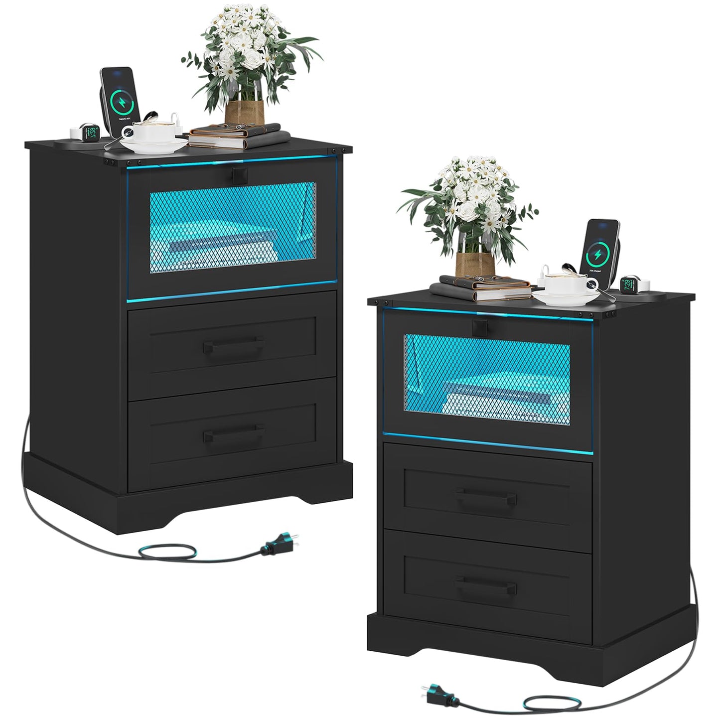 Hasuit Farmhouse Night Stand Set of 2 with LED Lights and Charging Station, Rustic Oak Nightstand with 2 Drawers, and Cubby with Wire Mesh Door, Bedside End Table for Bedroom