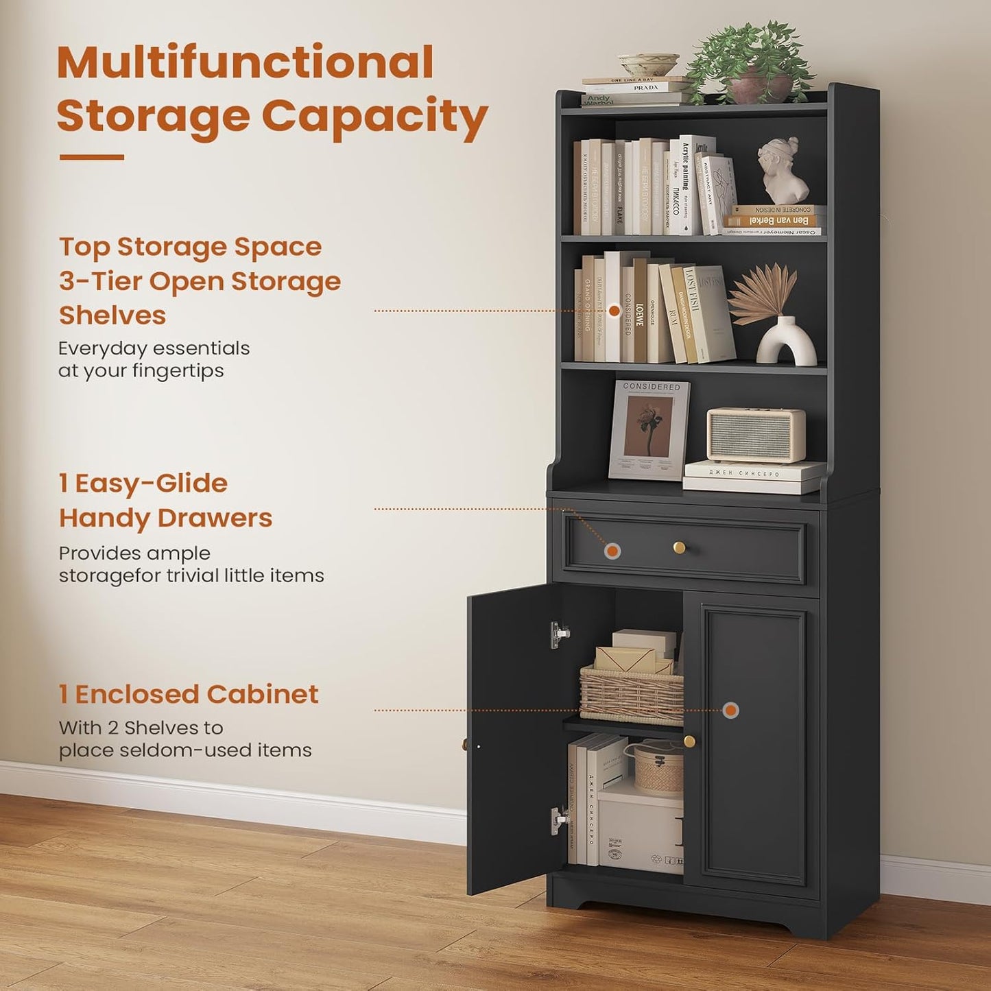 DICTAC Bookcase with Drawers and Doors 73.23'' Tall Bookshelf with Open Shelves Black Freestanding Kitchen Pantry with Microwave Stand Storage Cabinet Organizer for Living Room,Study,Bathroom,Office