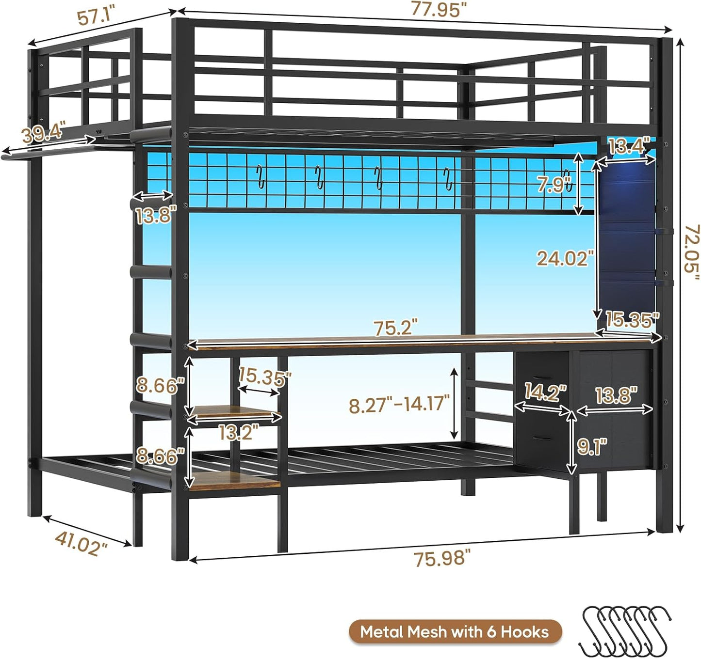 Hasuit Full Over Twin Bunk Bed with Desk Convertible Storage Shelf,Metal Loft Bed with Led Lights & Charging Station,Bunk Beds for Teens with Safety Guard & Stairs,Space Saving Bedroom Furniture,Black
