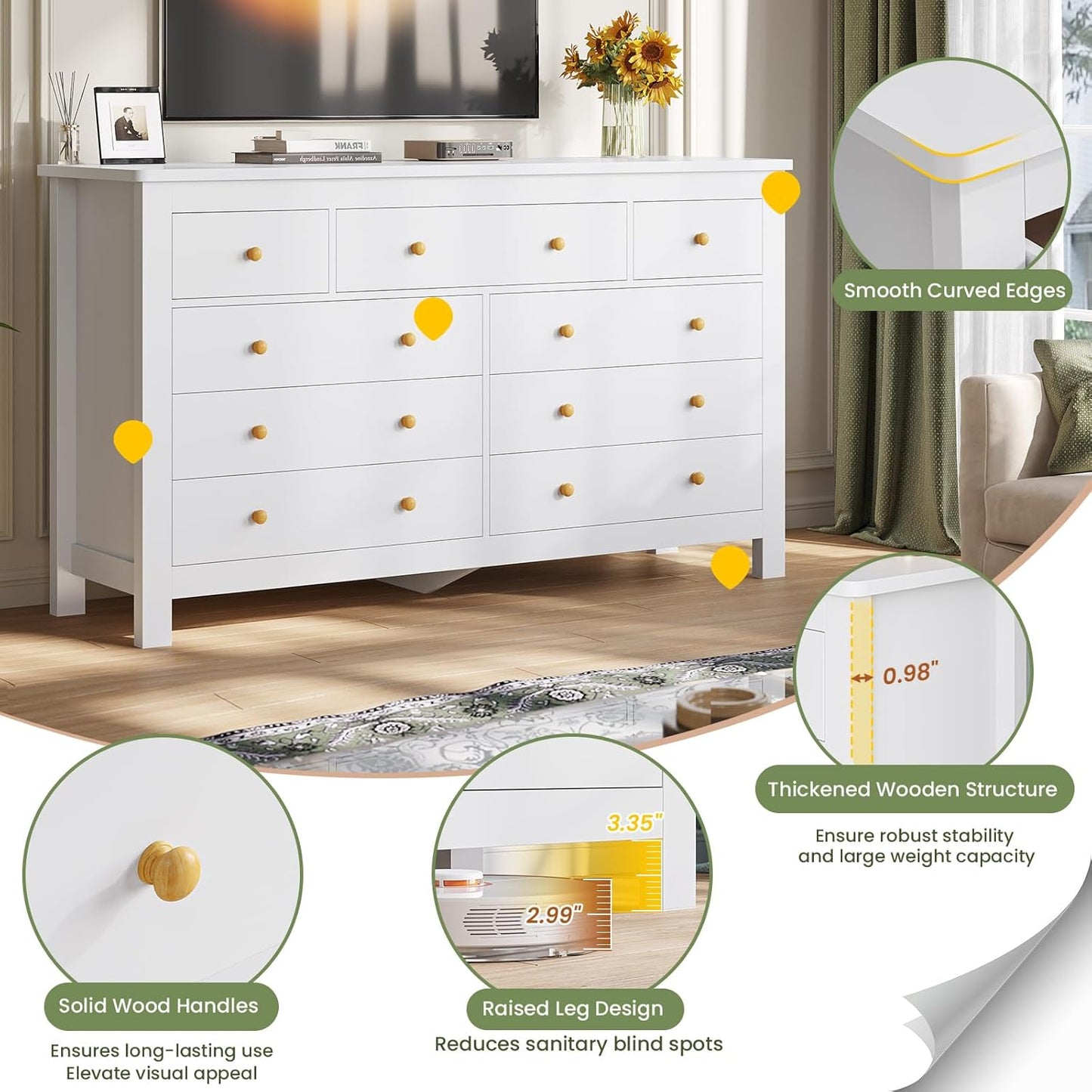 Hasuit White Dresser for Bedroom with 9 Drawers, Modern 55.1" Long Dressers Chest of Drawer with Large Drawers, Large Capacity Storage Organizer Cabinet, Wide Dresser for Bedroom, Living Room, Hallway