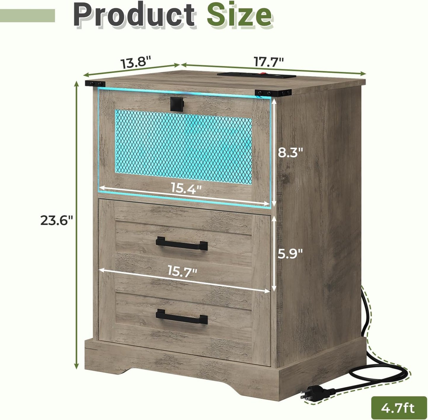 Hasuit Farmhouse Night Stand Set of 2 with LED Lights and Charging Station, Rustic Oak Nightstand with 2 Drawers, and Cubby with Wire Mesh Door, Bedside End Table for Bedroom