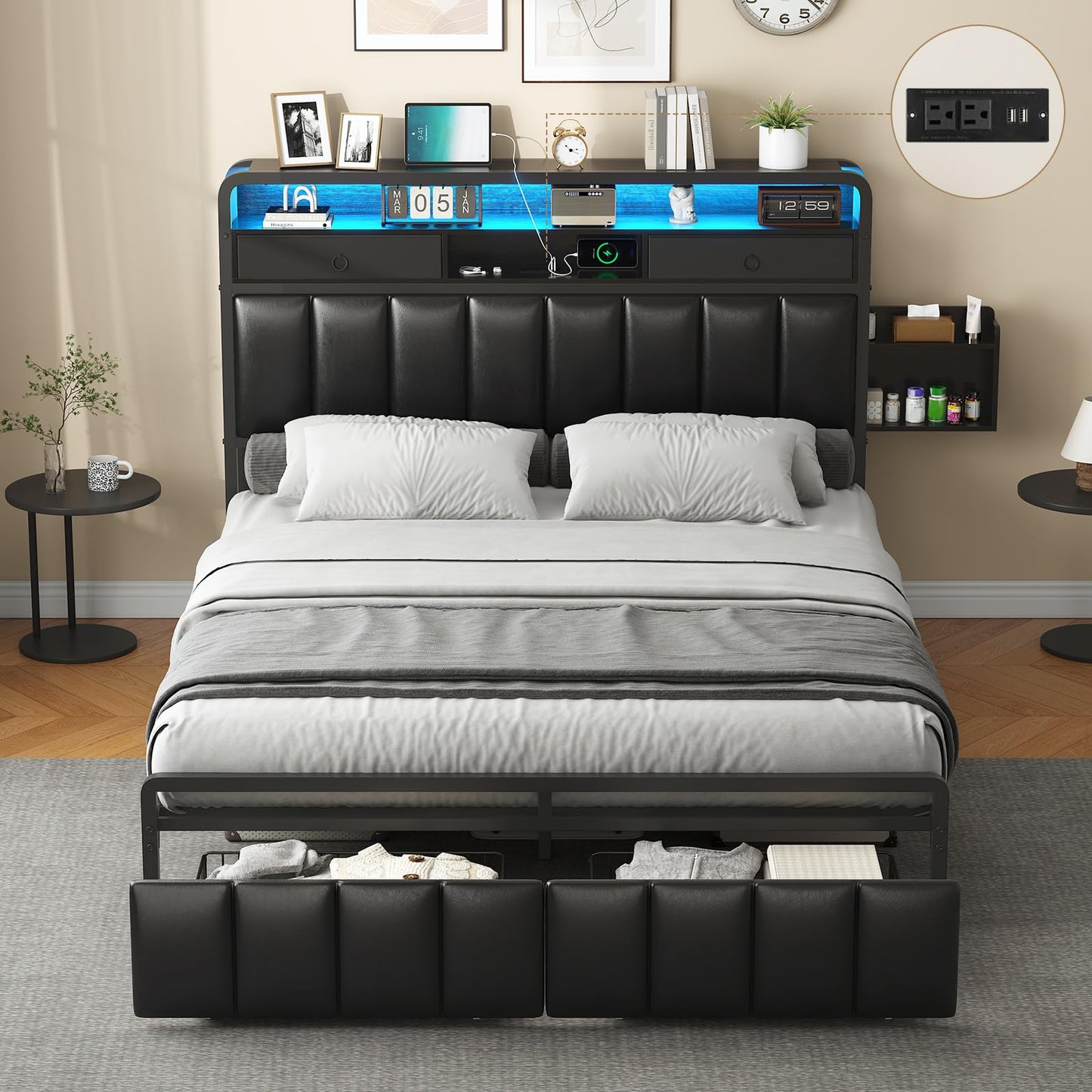 King Bed Frame with Storage Drawers, Upholstered Headboard with Hidden Storage Shelf, LED Lights and Charging Station, Metal Platform Bed Frame Queen Size, Noise Free, No Box Spring Needed
