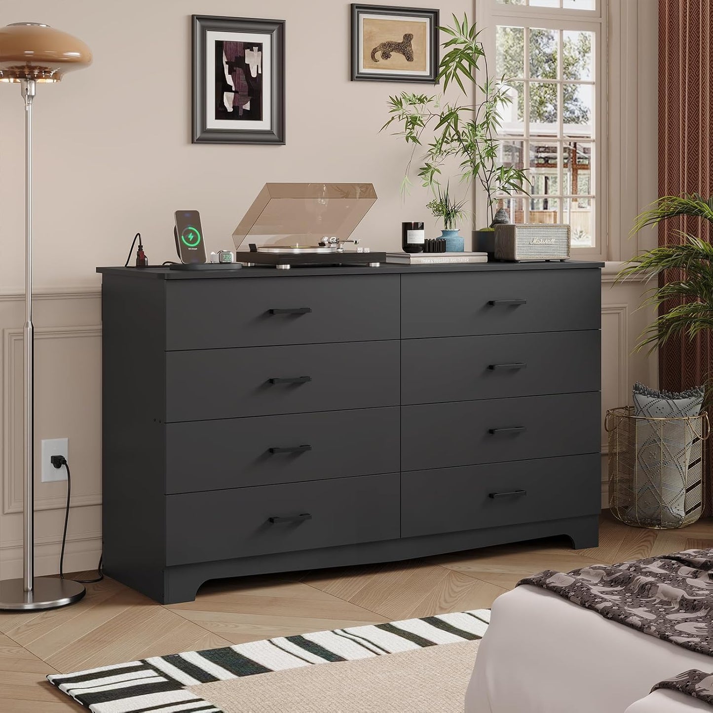 Hasuit 8 Drawer Dresser for Bedroom, Large Chest of Drawers with Charging Station, 55.1'' Wide Storage Clothes Closet Organizer, Long Dresser TV Stand for Living Room, Black