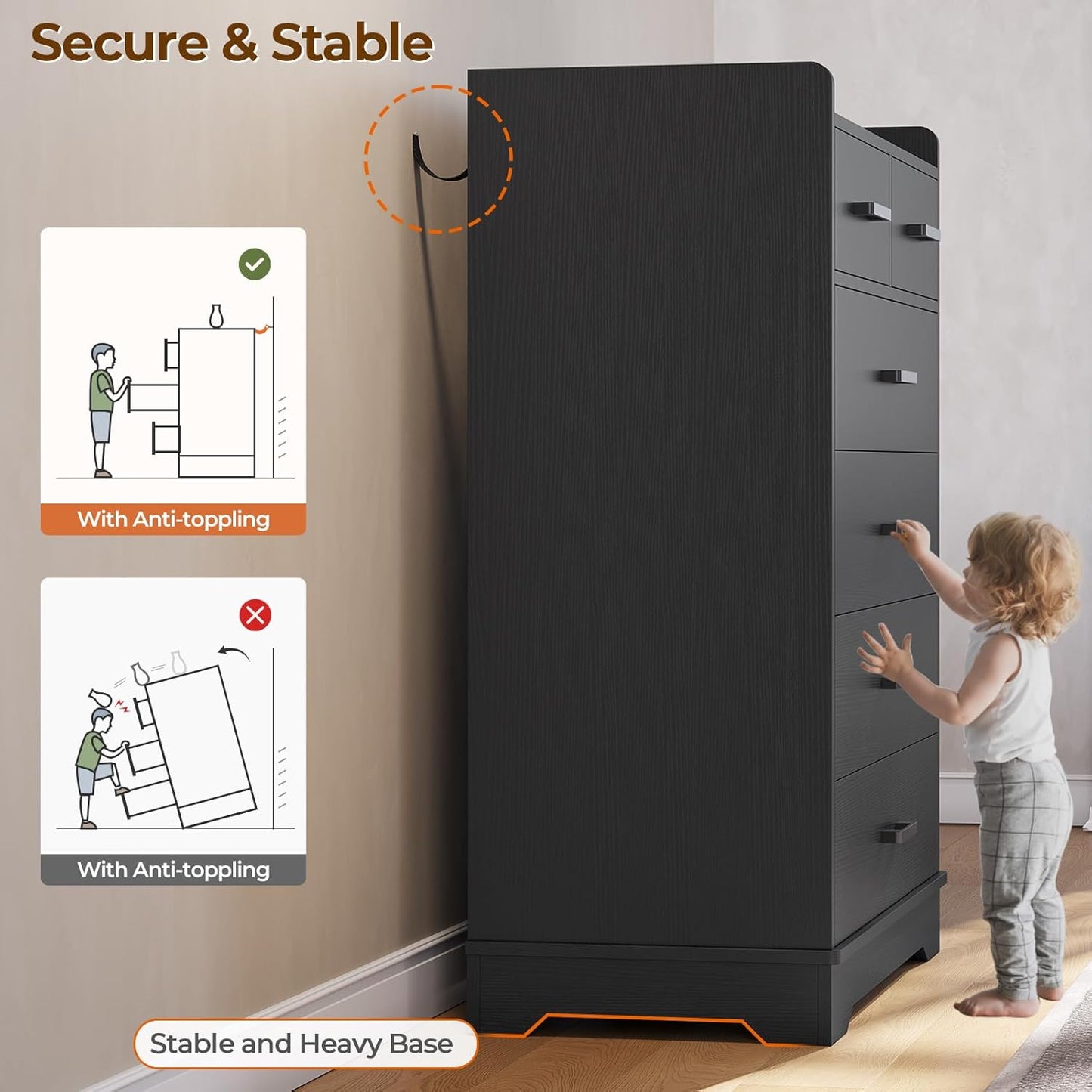 Hasuit Black 6 Drawer Dresser, Wooden Storage Chest of 6 Drawers, Vertical Large Capacity Clothing Storage Organizer, Tall Dressers for Bedroom, Hallway, Entryway