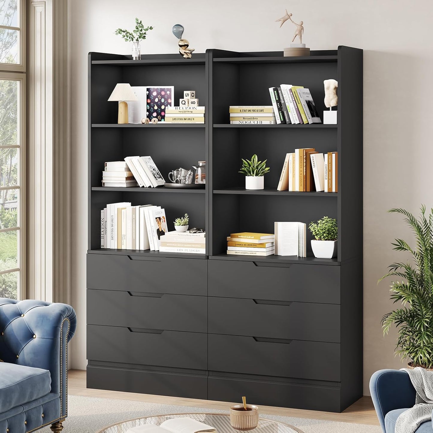 DICTAC Bookcase Set of 2 with 3 Drawers 73.23'' Bookshelf Storage Cabinets with Shelves and Drawers Kitchen Pantry with Microwave Stand,Storage Organizer for Living Room,Office,Study,Bathroom