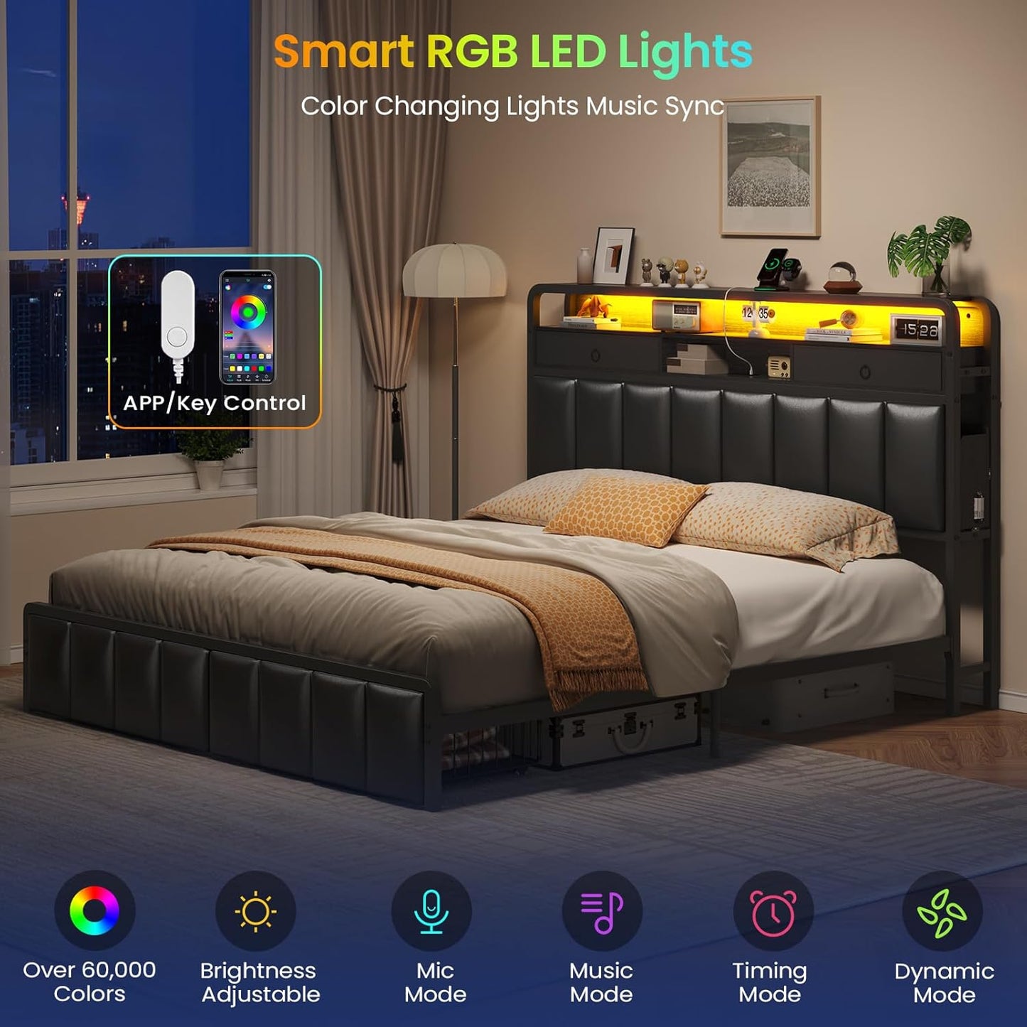 King Bed Frame with Storage Drawers, Upholstered Headboard with Hidden Storage Shelf, LED Lights and Charging Station, Metal Platform Bed Frame Queen Size, Noise Free, No Box Spring Needed