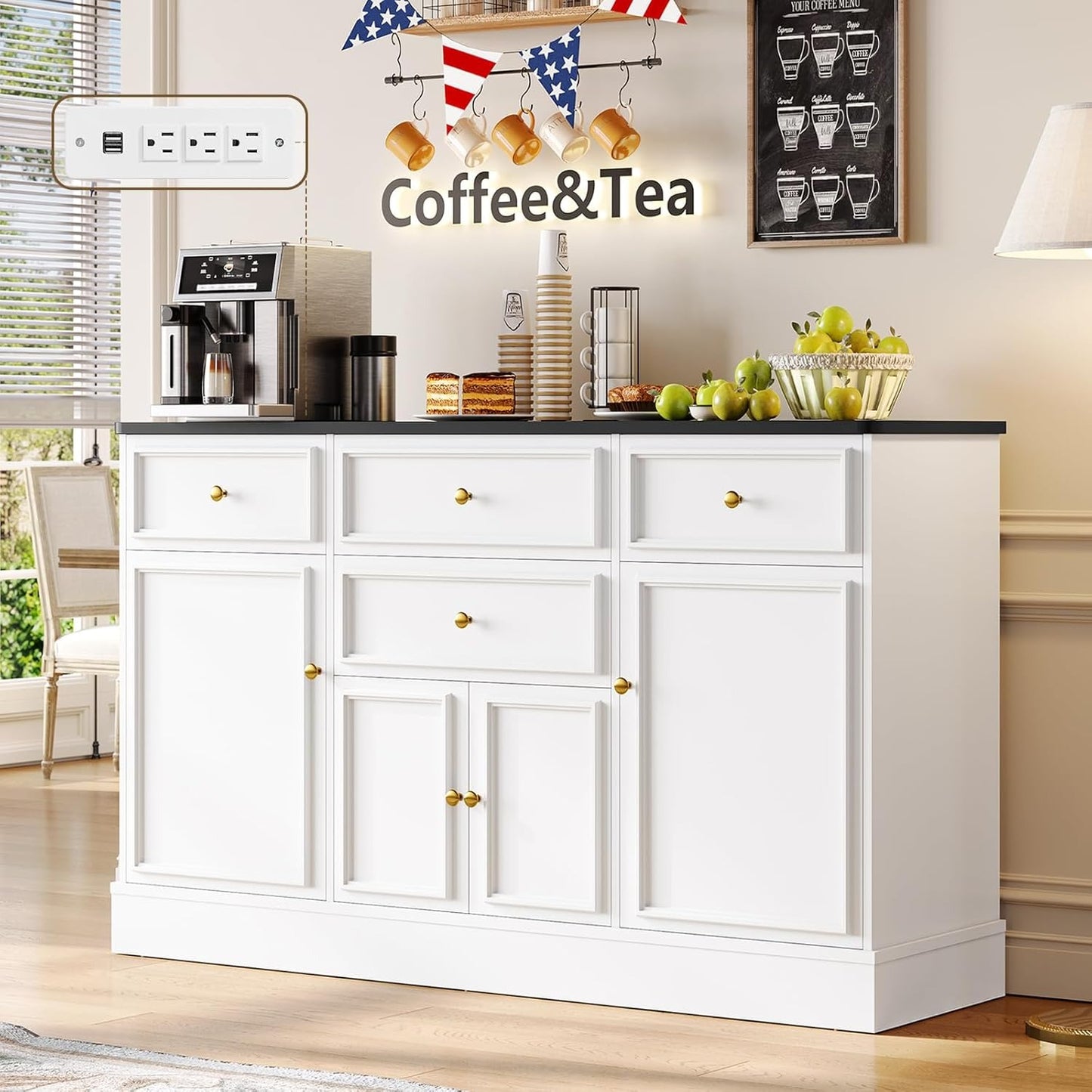 Hasuit 55.1"W White Kitchen Sideboard Buffet Cabinet with Power Outlets and Storage Drawers