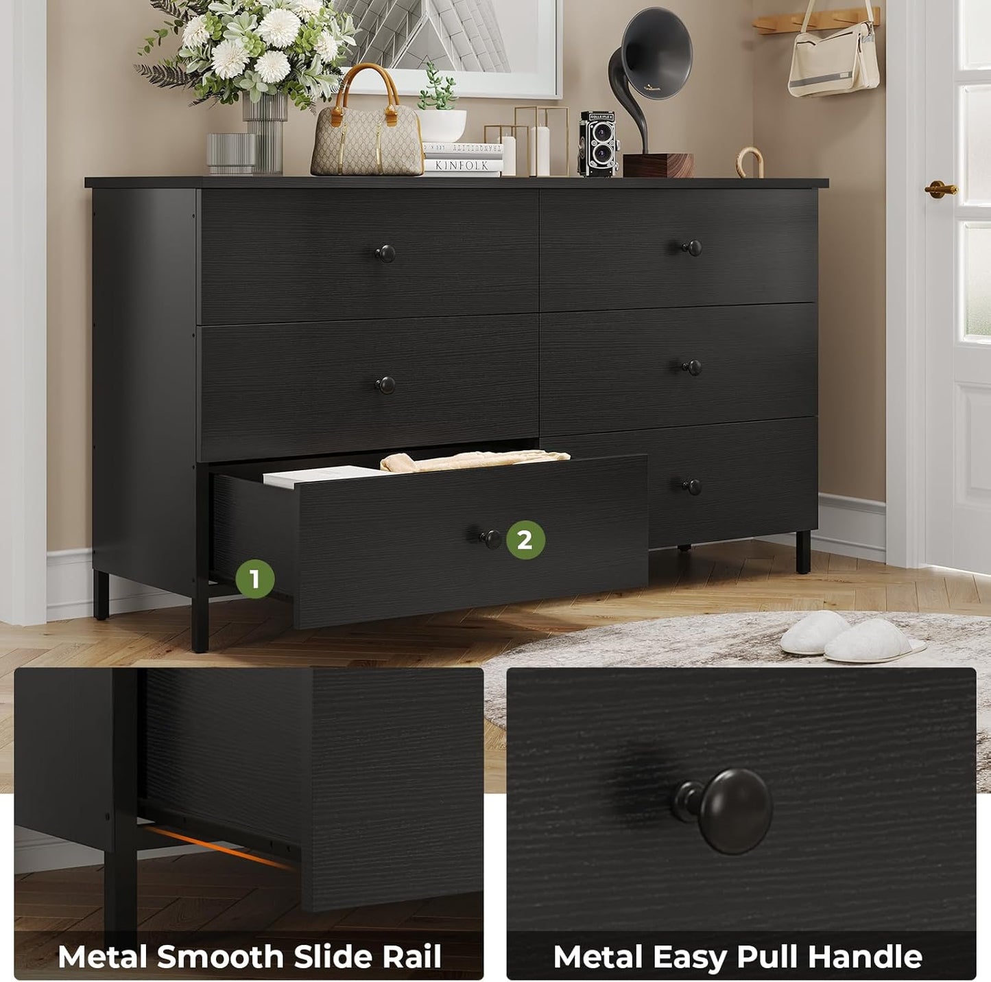 Hasuit 6 Drawers Double Dresser, Wooden Dressers with Heavy Sturdy Steel Frame, Large Capacity Storage Chest of Drawers, Black Dresser for Bedroom, Living Room, Entryway