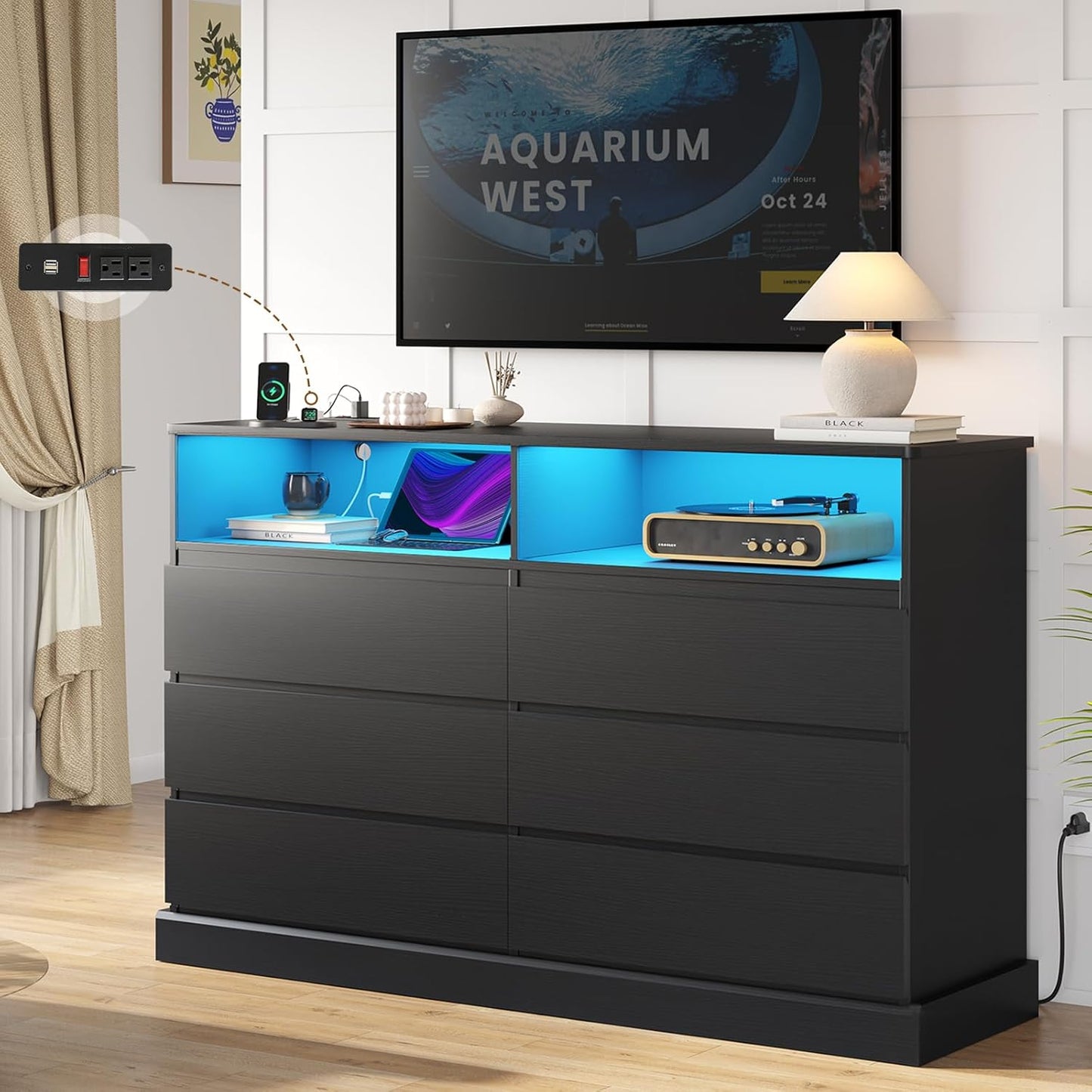 Hasuit Black Dresser for Bedroom with LED Lights and Charging Station, 51.2" Long Dressers Chest of Drawer with Large Drawers and Open Space, Modern 6 Drawer Dresser for Bedroom, Living Room, Entryway
