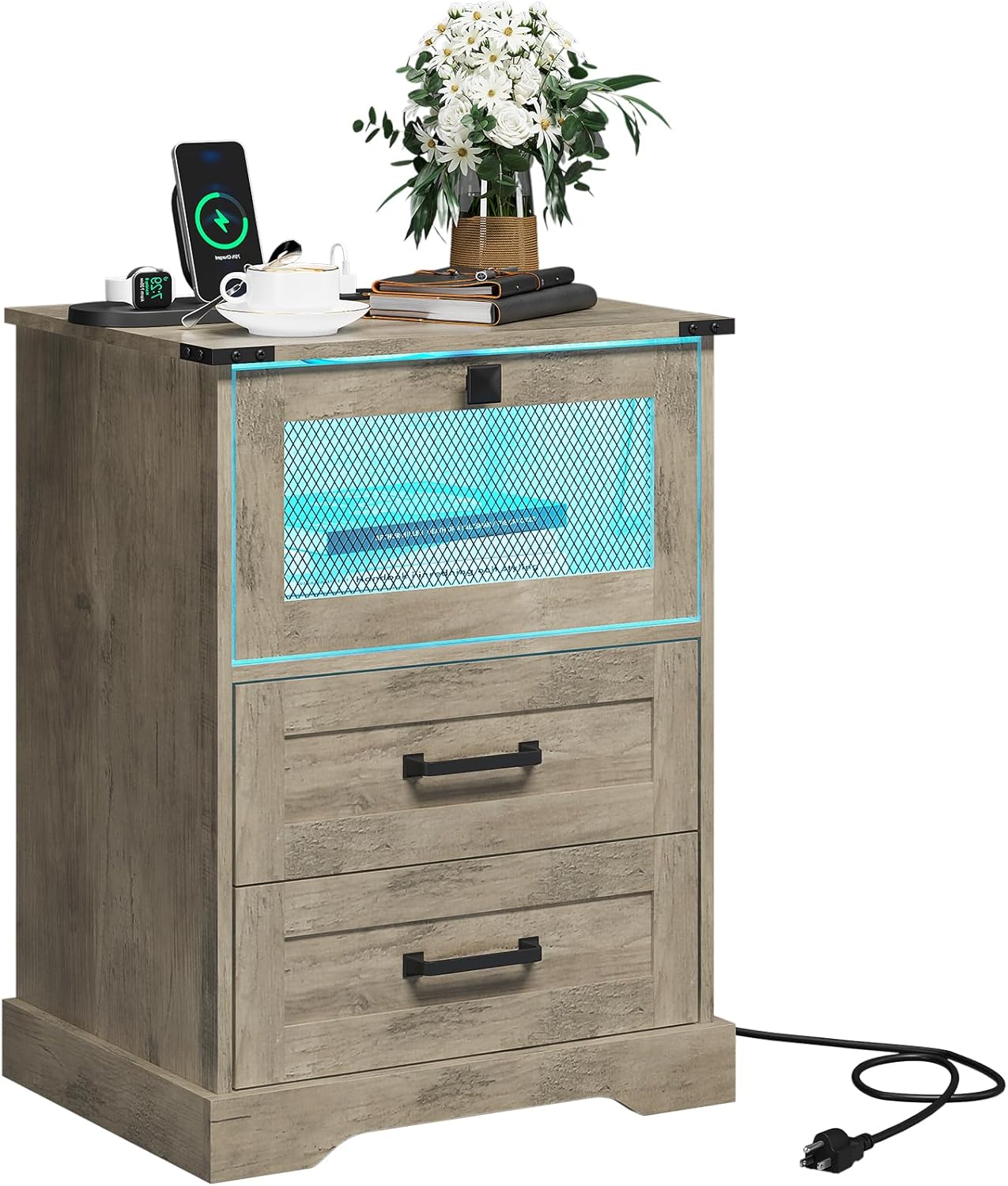 Hasuit Farmhouse Night Stand Set of 2 with LED Lights and Charging Station, Rustic Oak Nightstand with 2 Drawers, and Cubby with Wire Mesh Door, Bedside End Table for Bedroom