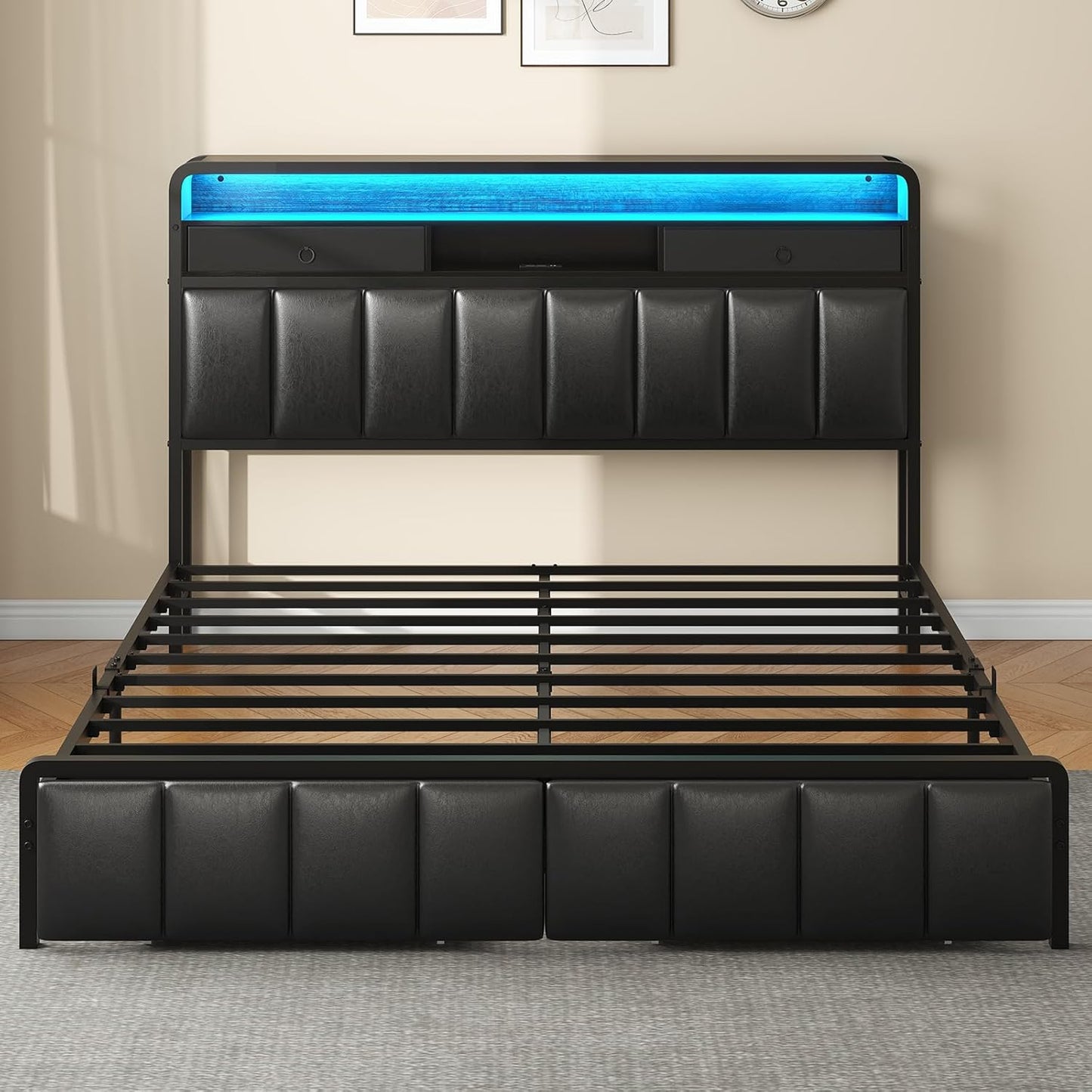 King Bed Frame with Storage Drawers, Upholstered Headboard with Hidden Storage Shelf, LED Lights and Charging Station, Metal Platform Bed Frame Queen Size, Noise Free, No Box Spring Needed