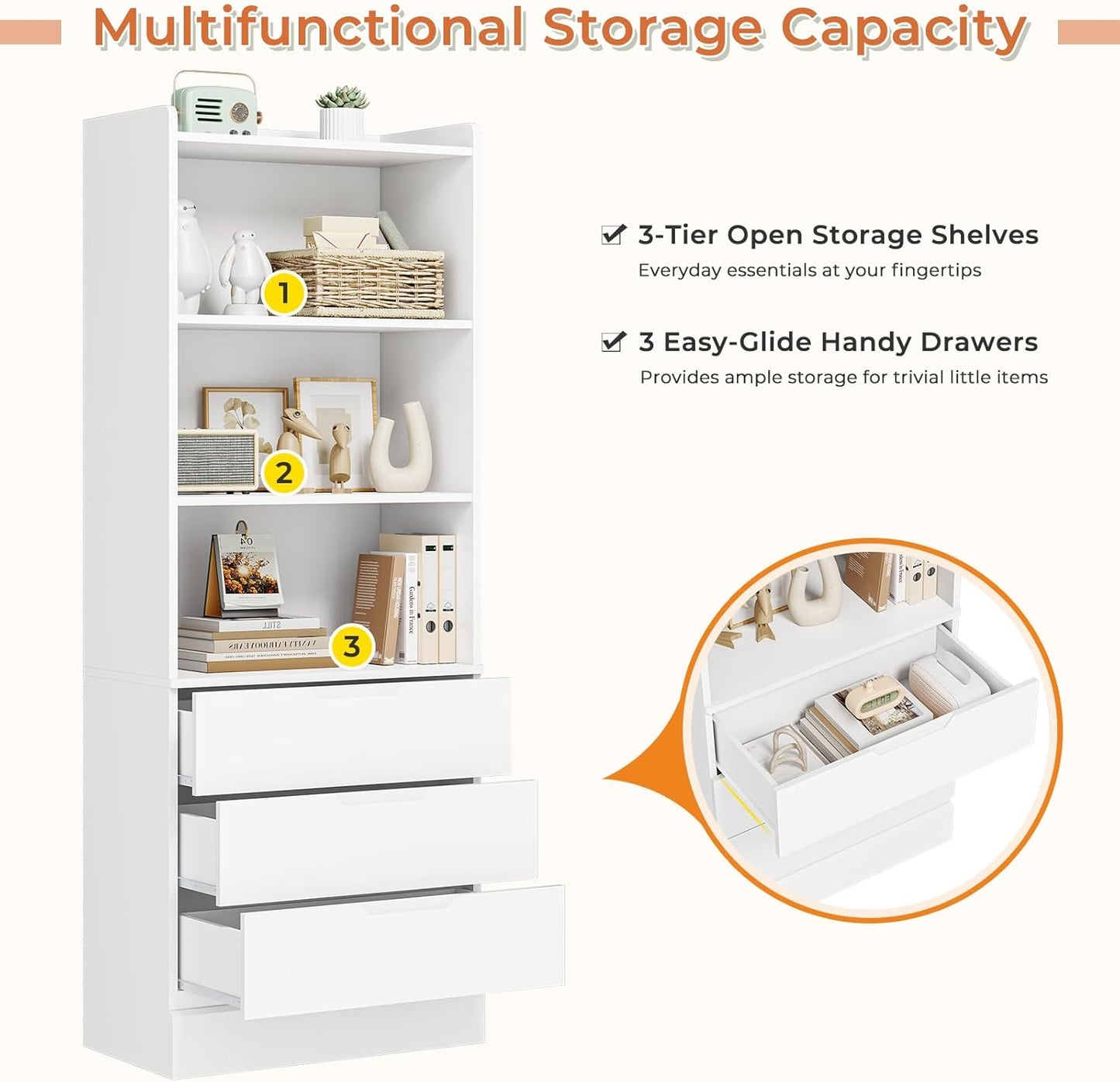 DICTAC 73.23'' Tall Storage Cabinet Bookcase with 3 Drawers and 3-Tier Open Shelves Wooden Bookshelf Kitchen Pantry Storage Organizer Cabinets for Living Room, Study, Kitchen,Bathroom,White