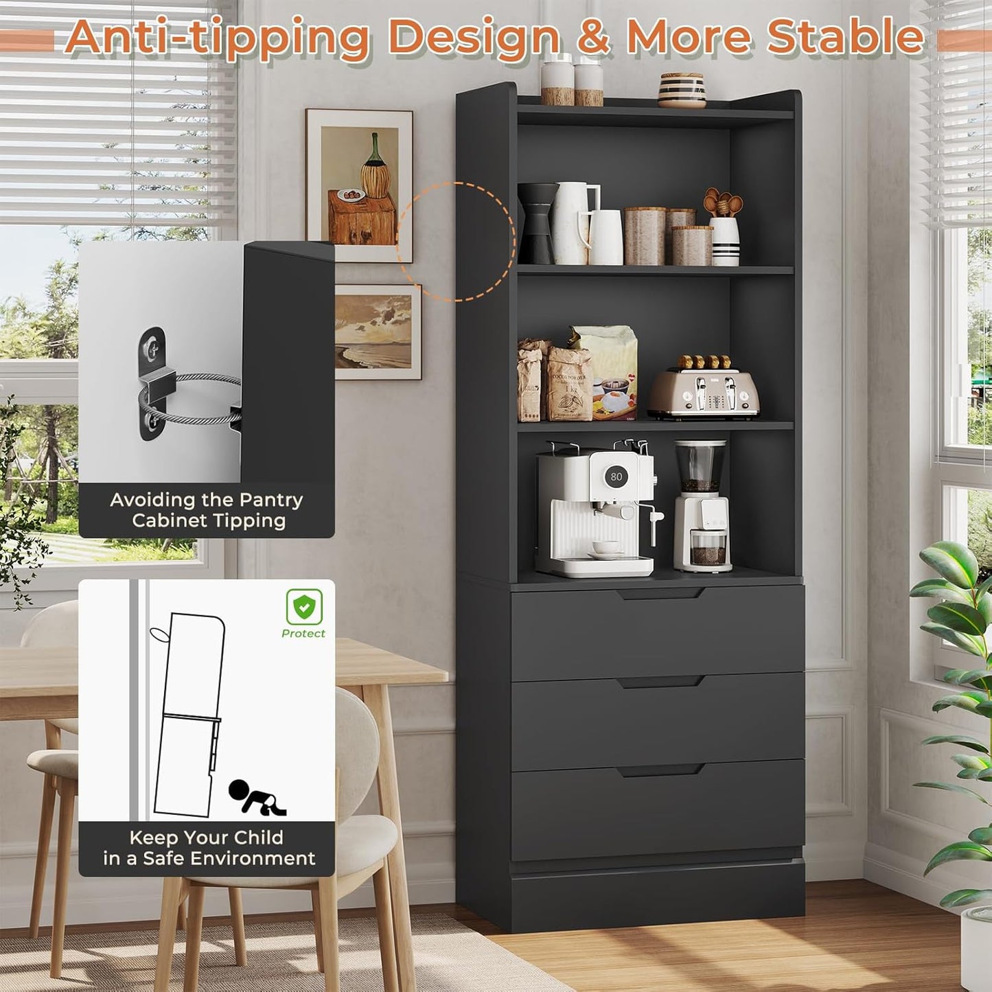 DICTAC Bookcase with 3 Drawers and Shelves 73.23'' Tall Bookshelf with Storage Modern Display Storage Shelves Freestanding Storage Organizer for Home Office,Kitchen,Living Room,Study,Bathroom,Black