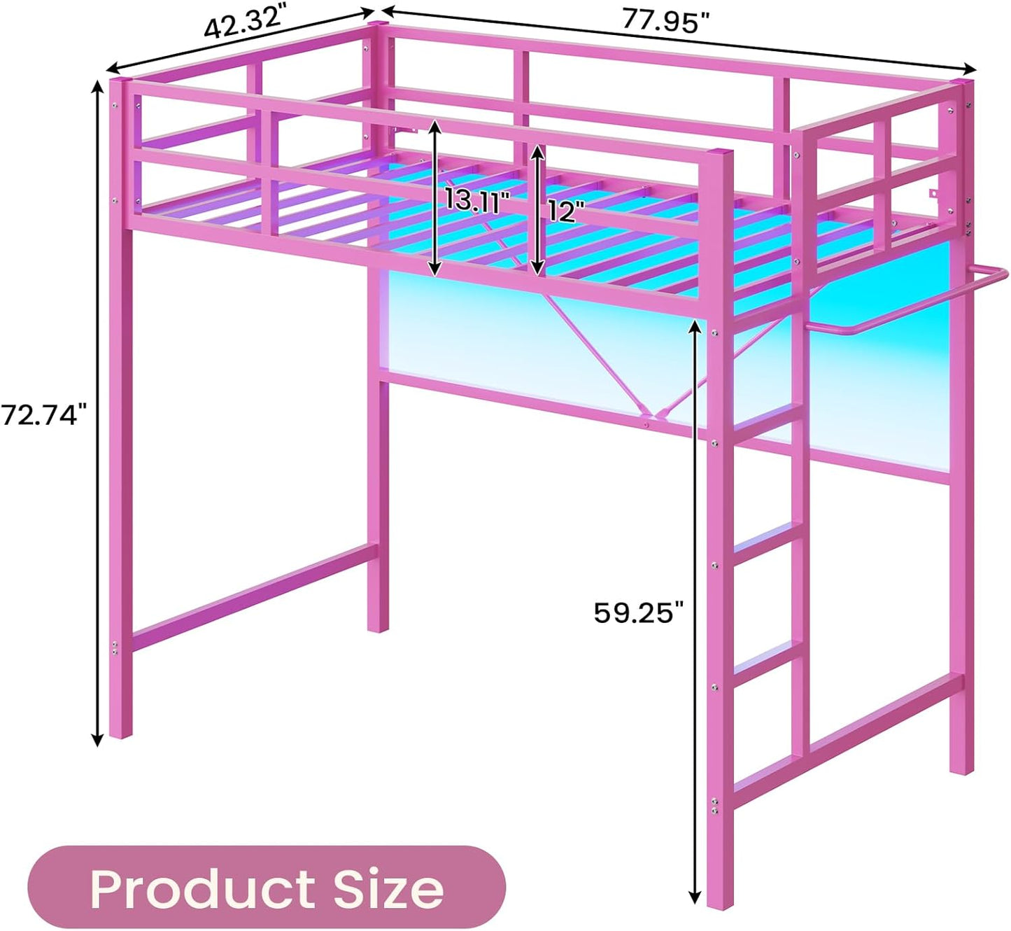 Hasuit Twin Pink Loft Bed with LED Lights, Loft Bed Twin Size with Full-Length Guardrail &Clothes Rack, Heavy Duty Loft Beds Frame, Space-Saving, Noise Free, No Box Spring Needed, Pink