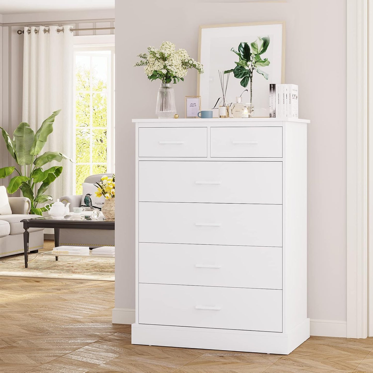 Hasuit White Dresser for Bedroom, 6 Drawers Wood Storage Tower Clothes Organizer, Chest of 6 Drawers, Large Capacity Storage Cabinet, Tall Dresser for Bedroom, Hallway, Entryway
