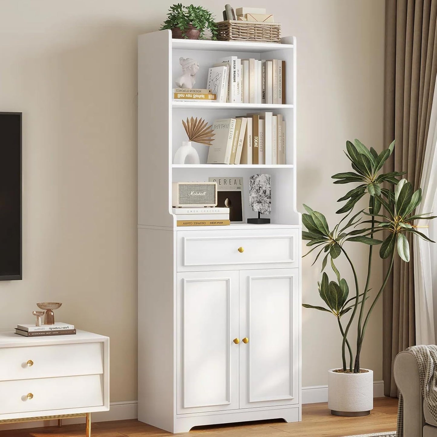DICTAC Bookcase with Drawer and Doors 73.23''Tall Bookshelf with storage Shelves Freestanding Storage Cabinet with Microwave Space Storage Organizer Cupboard for Home Office,Living Room,Bathroom,White