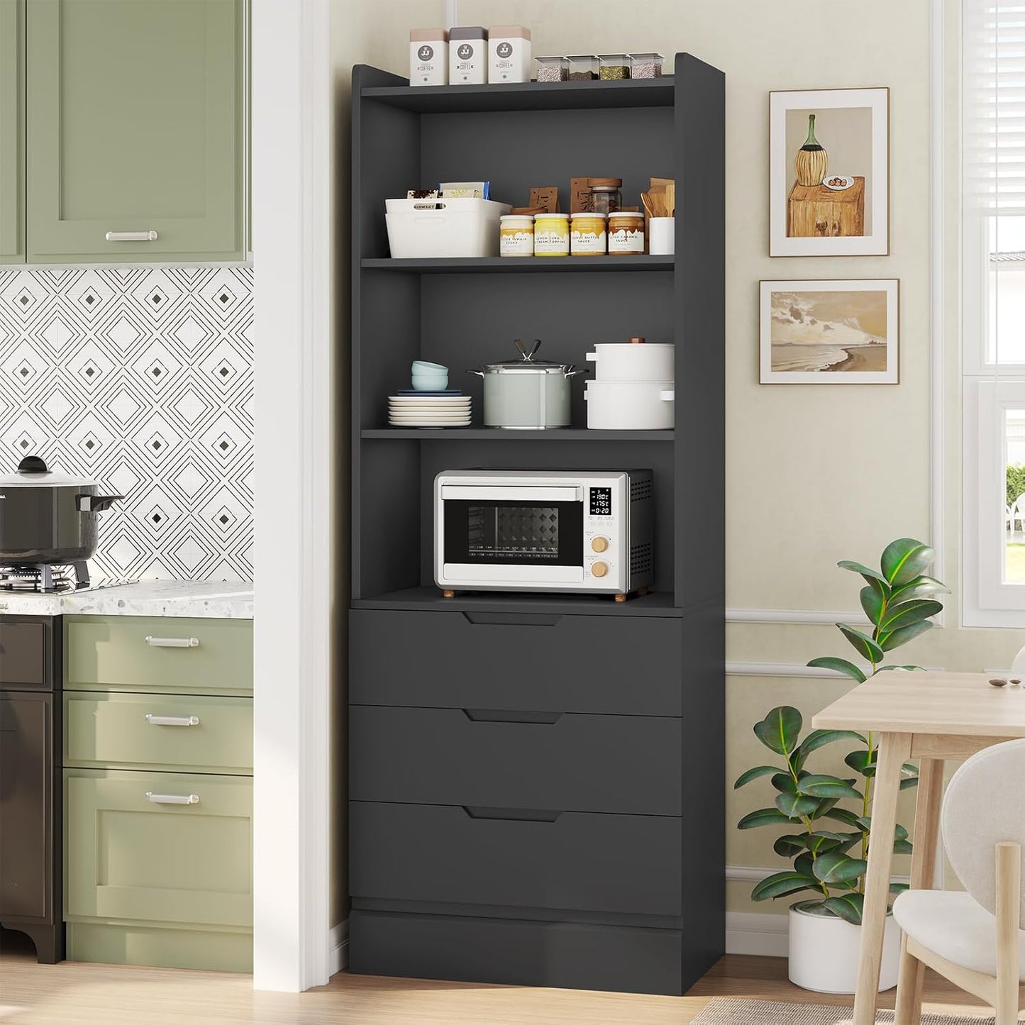 DICTAC Bookcase Set of 2 with 3 Drawers 73.23'' Bookshelf Storage Cabinets with Shelves and Drawers Kitchen Pantry with Microwave Stand,Storage Organizer for Living Room,Office,Study,Bathroom