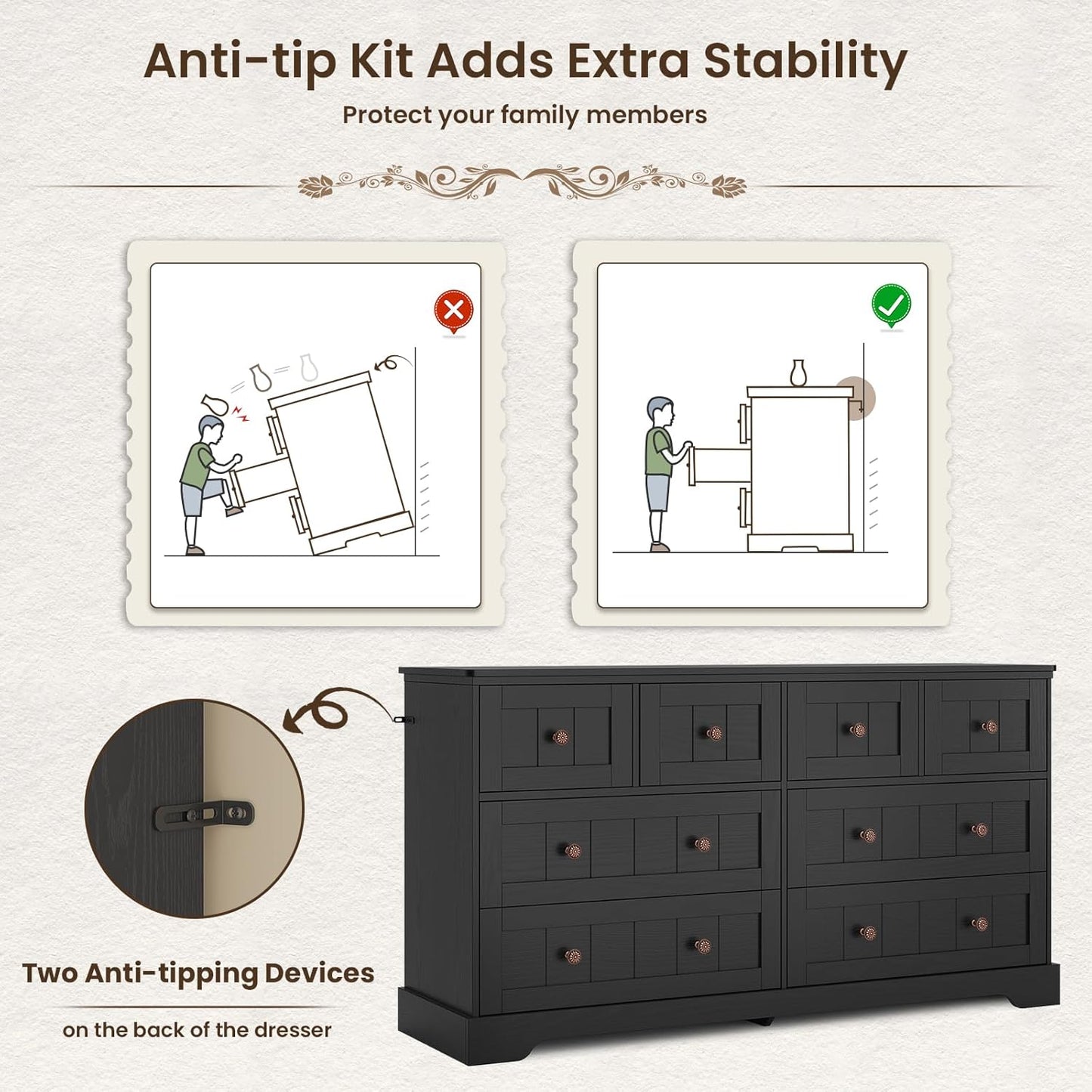 Hasuit Black Dresser for Bedroom, Farmhouse 8 Drawers Dresser, 55" Wide Dressers Chest of Drawers with Hand Carved Panel, Large Wood Closet Storage Organizers Dressers for Bedroom, Living Room Hallway