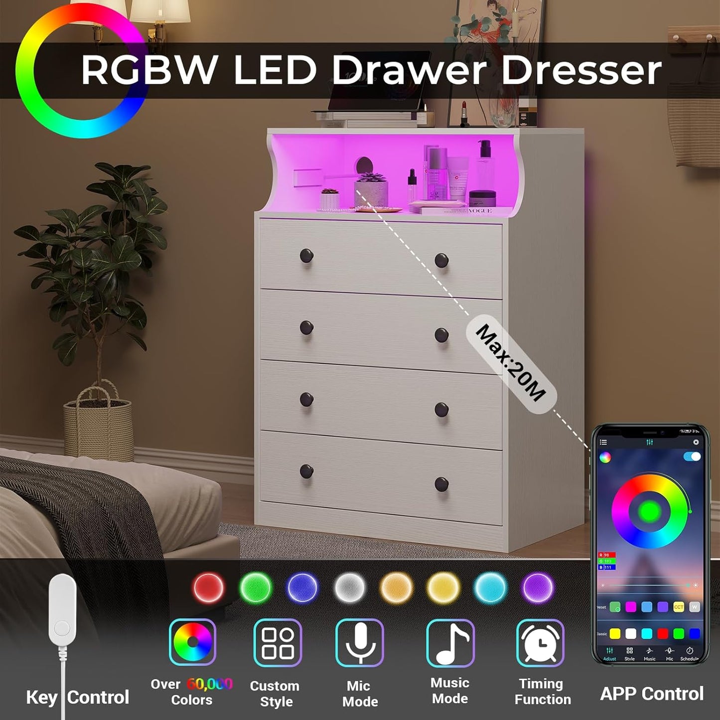 Hasuit White Dresser with Charging Station, LED Dresser with 4 Large Drawers, Chest of Drawers with Open Space, Large Capacity Tall Storage Cabinet, White Dressers for Bedroom