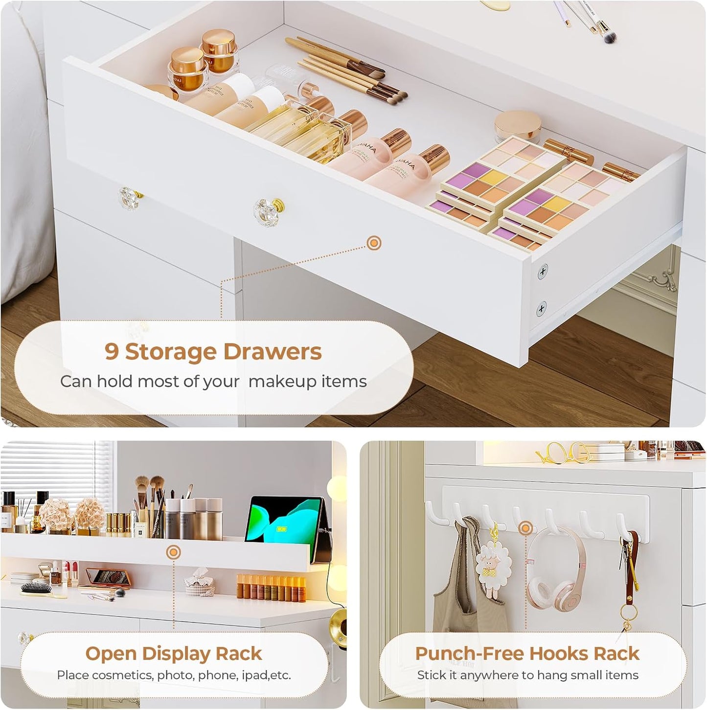 Hasuit Makeup Vanity Desk with Large Lighted Mirror and 9 Drawers, Large Vanity Desk with Storage Rack, Hook, Crystal Handle, White Bedroom Dressing Table Set with Charging Station, Lights Adjustable