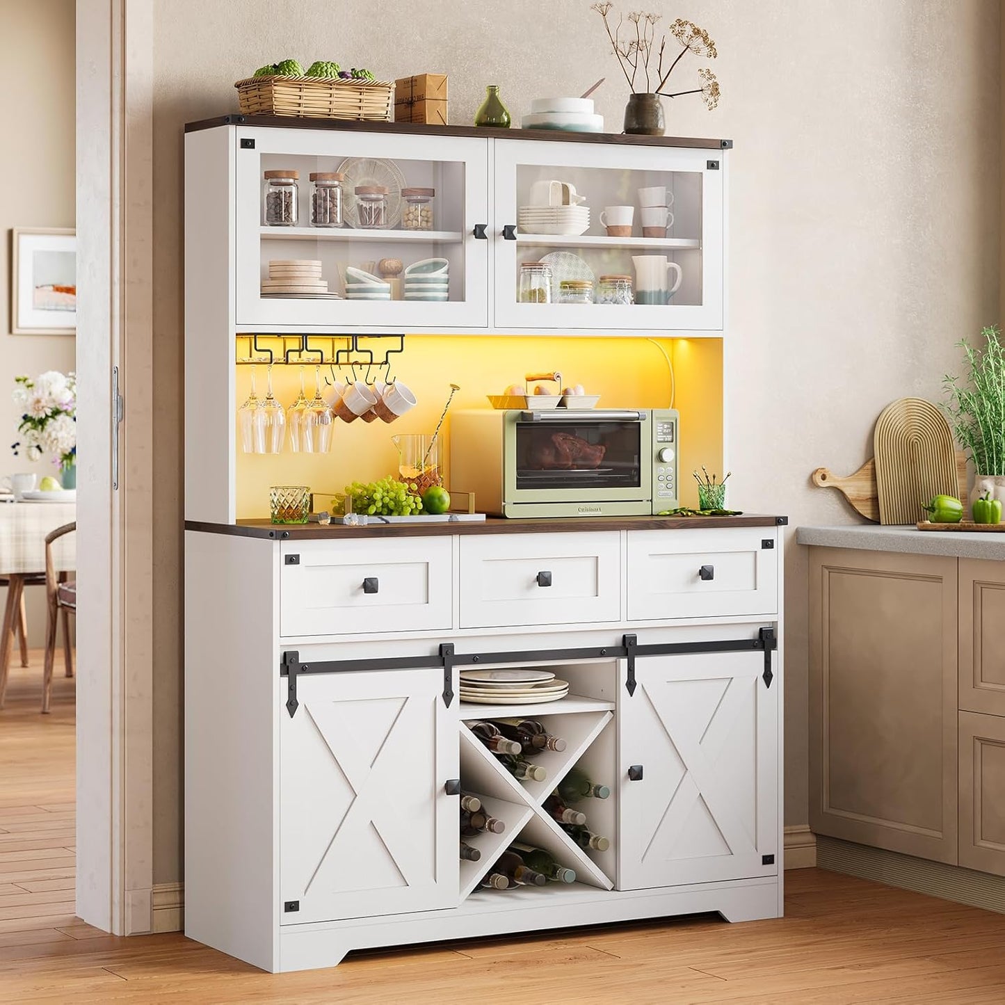 DICTAC Farmhouse Buffet Cabinet with Storage Coffee Bar Station Cabinet with Power Outlet and LED Light, Tall Bar Cabinets with Sliding Barn Door and Wine Glass Rack for Kitchen, Living Room,White