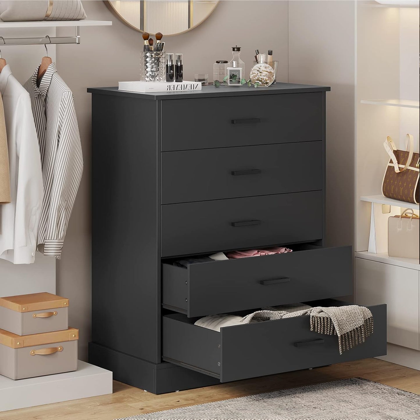 Hasuit Black Dresser for Bedroom, 5 Drawer Dresser with Sturdy Base, Wooden Large Capacity Storage Cabinet, Tall Chest of 5 Drawers for Closet, Living Room, Hallway