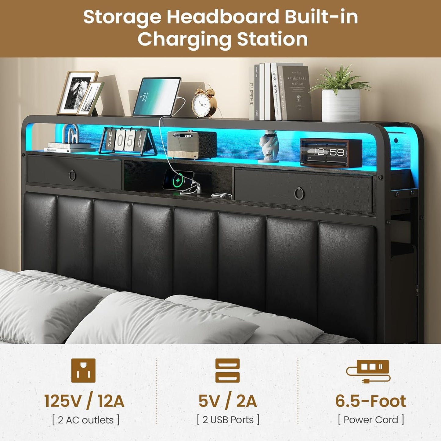 King Bed Frame with Storage Drawers, Upholstered Headboard with Hidden Storage Shelf, LED Lights and Charging Station, Metal Platform Bed Frame Queen Size, Noise Free, No Box Spring Needed