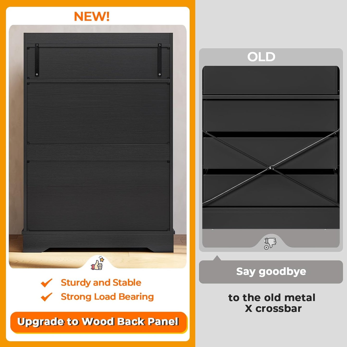 Hasuit Black 6 Drawer Dresser, Wooden Storage Chest of 6 Drawers, Vertical Large Capacity Clothing Storage Organizer, Tall Dressers for Bedroom, Hallway, Entryway