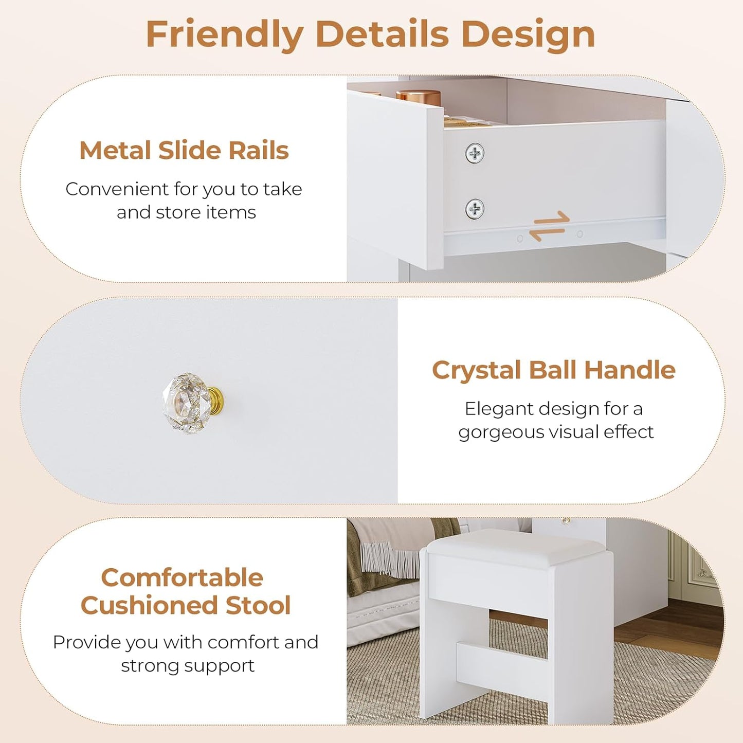 Hasuit Makeup Vanity Desk with Large Lighted Mirror and 9 Drawers, Large Vanity Desk with Storage Rack, Hook, Crystal Handle, White Bedroom Dressing Table Set with Charging Station, Lights Adjustable
