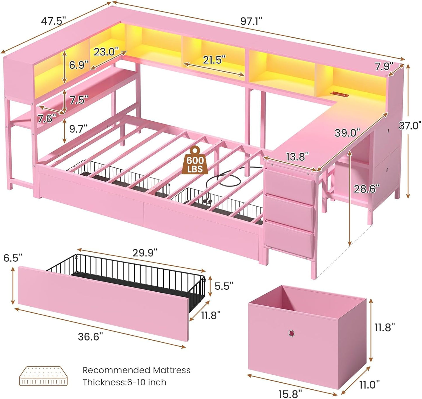 Hasuit Twin Corner Bed with Desk and Storage Bookcase, Daybed with 2 Drawers & 2 Storage Bins, Twin Size Platform Bed Frame with Charging Station and LED Light, Modern Teenagers Bedframe, Pink