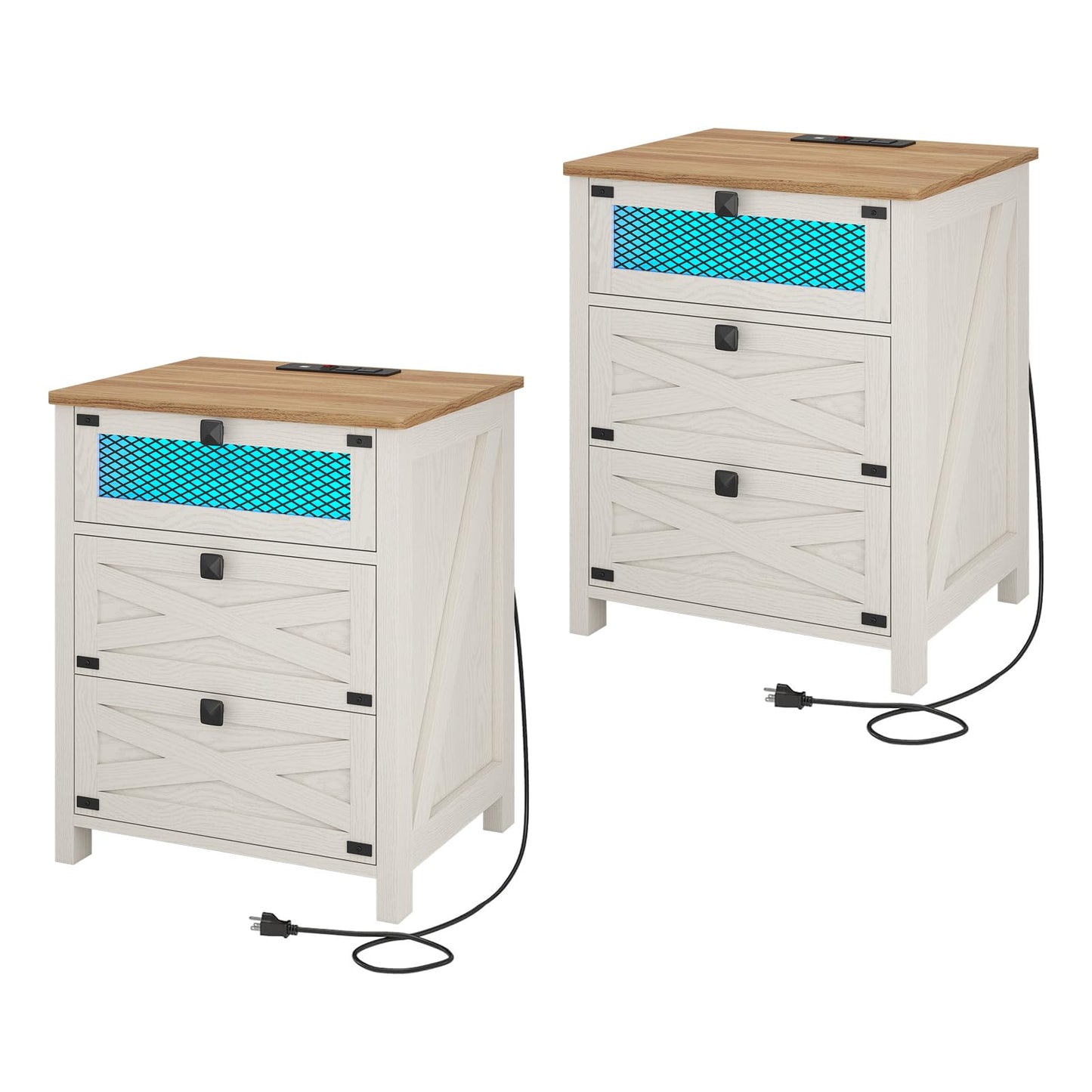 Hasuit Farmhouse Night Stand for Bedroom, Rustic Vintage White Nightstand with Charging Station and LED Lights, Bedside Table with 3 Drawers, Retro Side End Table with Storage