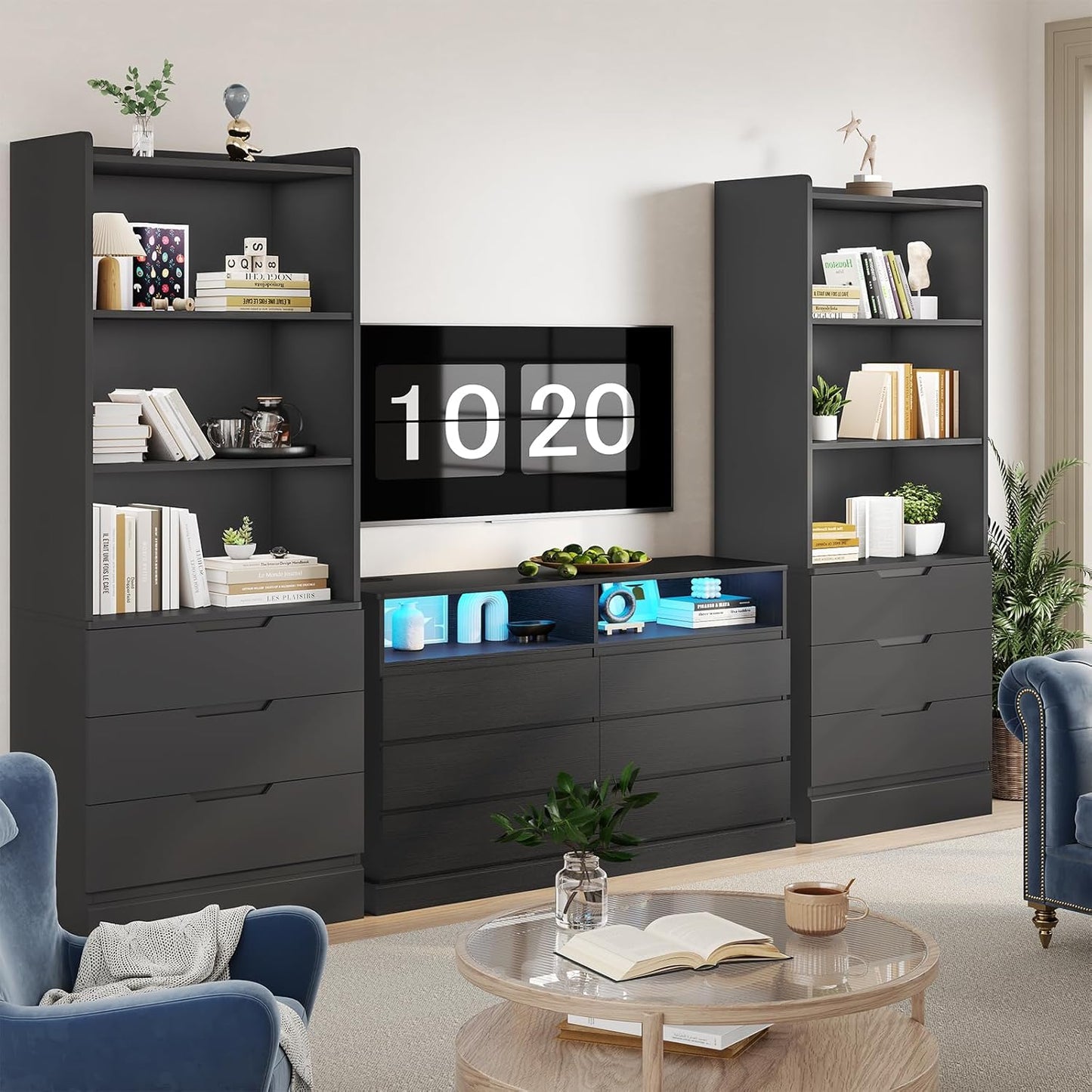 DICTAC Bookcase Set of 2 with 3 Drawers 73.23'' Bookshelf Storage Cabinets with Shelves and Drawers Kitchen Pantry with Microwave Stand,Storage Organizer for Living Room,Office,Study,Bathroom