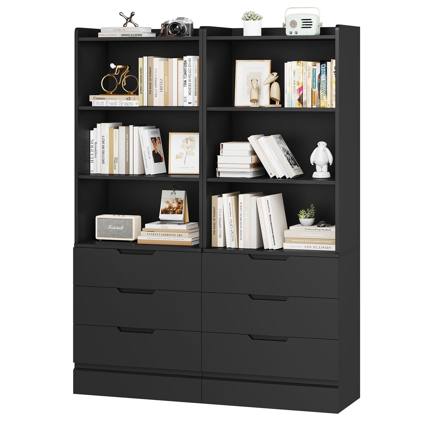 DICTAC Bookcase with Drawers and Doors 73.23'' Tall Bookshelf with Open Shelves Black Freestanding Kitchen Pantry with Microwave Stand Storage Cabinet Organizer for Living Room,Study,Bathroom,Office