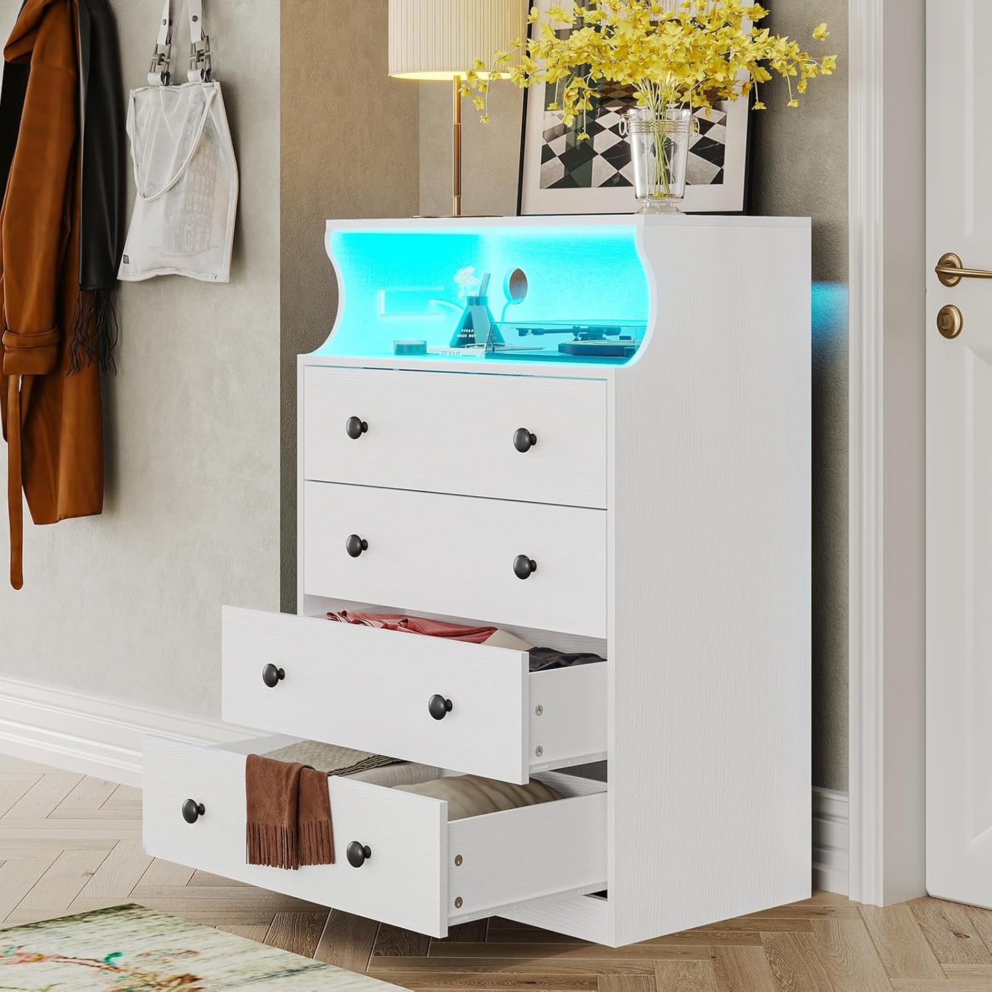 Hasuit White Dresser with Charging Station, LED Dresser with 4 Large Drawers, Chest of Drawers with Open Space, Large Capacity Tall Storage Cabinet, White Dressers for Bedroom