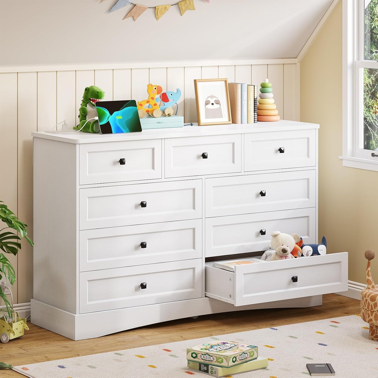 Hasuit White Dresser for Bedroom with 9 Drawers, 51.2" Large Drawer Dressers with Charging Station, Wide Farmhouse Dressers Chest of Drawers, Wooden Storage Tower Organizer, Dresser for Bedroom Closet