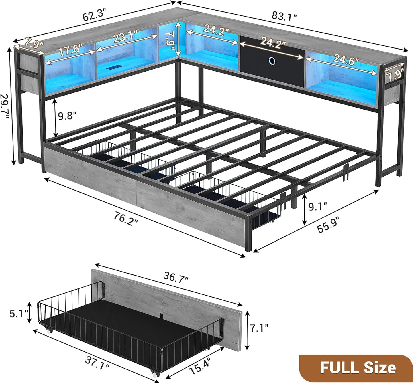 Hasuit Kids Corner Twin Bed with Storage, Charging & LED Light